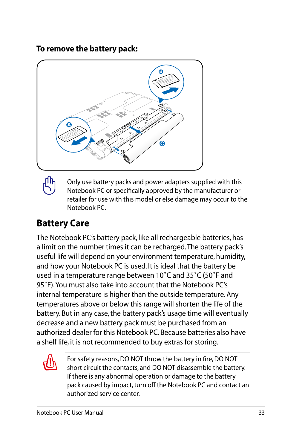 Battery care | Asus Pro45VJ User Manual | Page 33 / 106