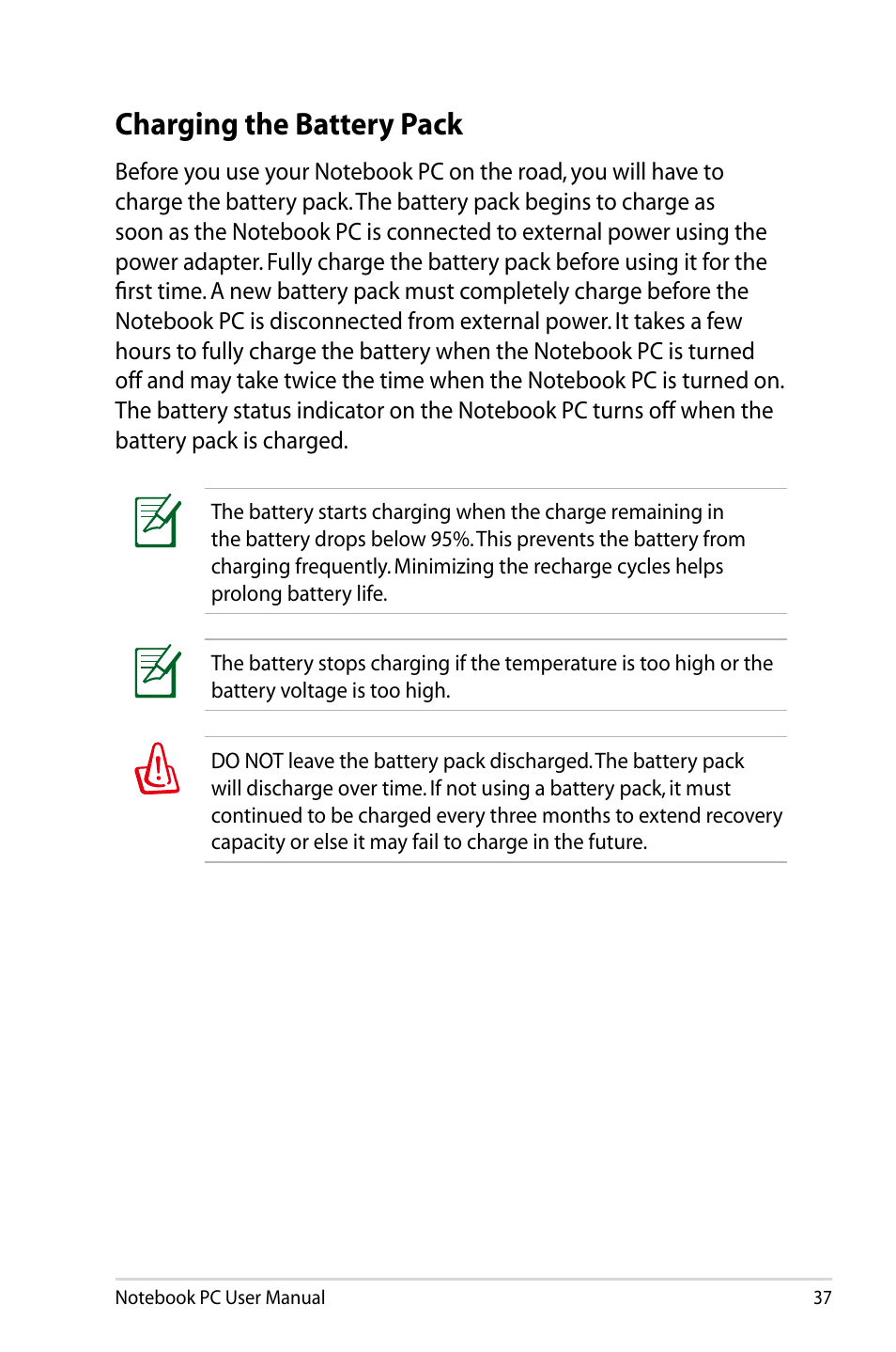 Charging the battery pack | Asus Pro45VJ User Manual | Page 37 / 106