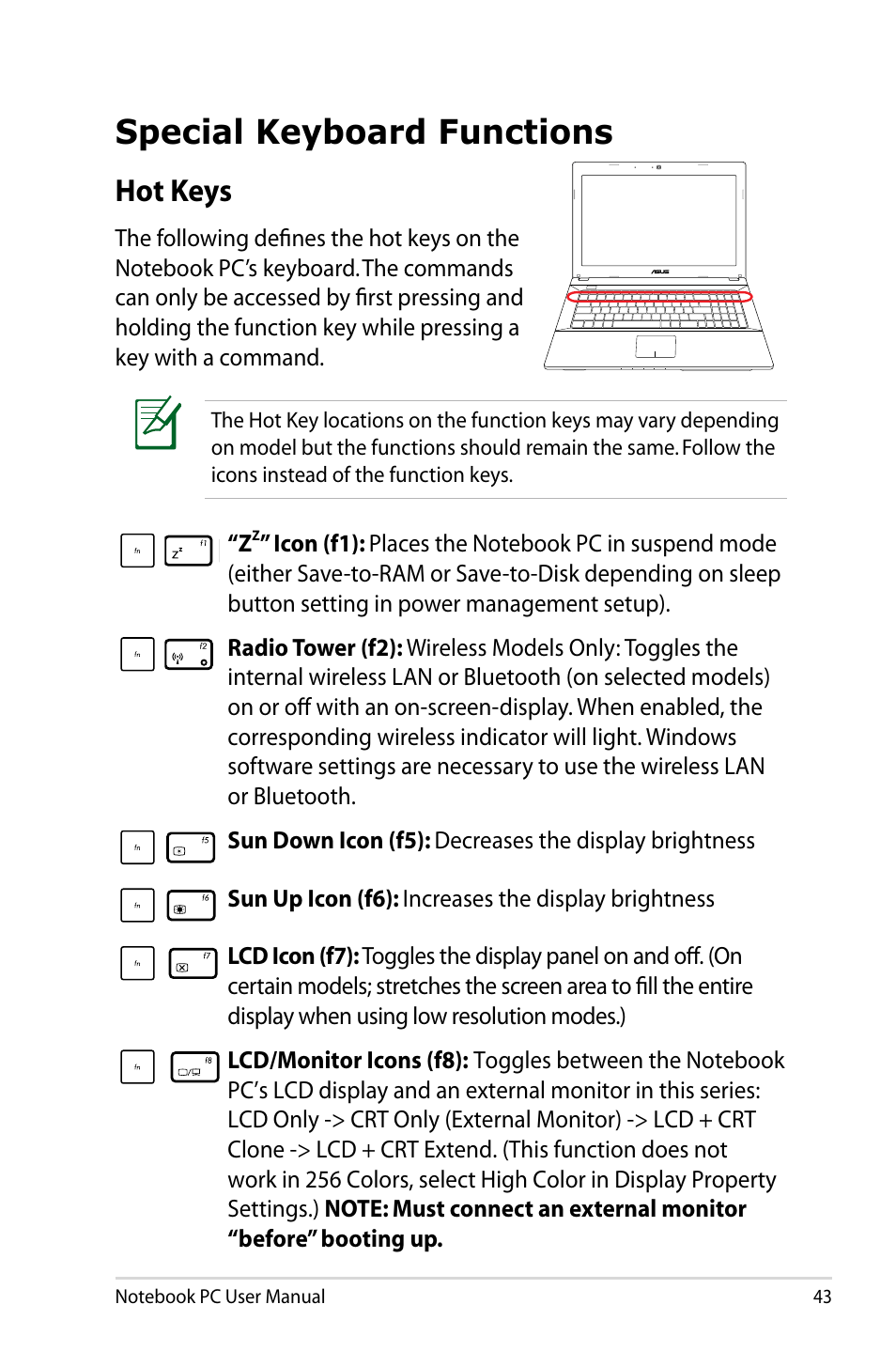 Special keyboard functions, Hot keys | Asus Pro45VJ User Manual | Page 43 / 106