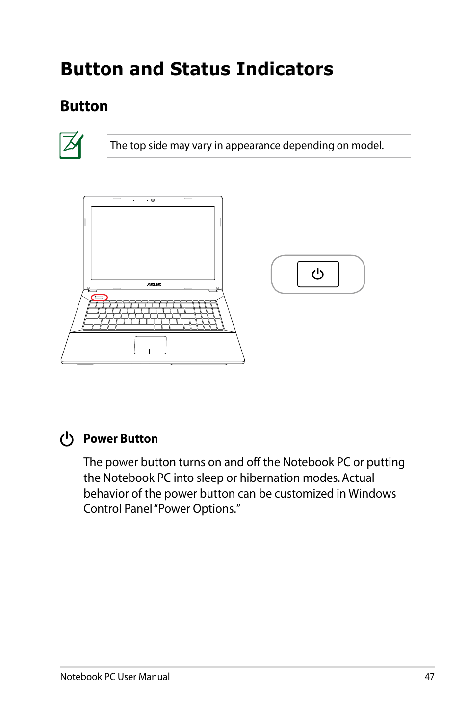 Button and status indicators, Button | Asus Pro45VJ User Manual | Page 47 / 106