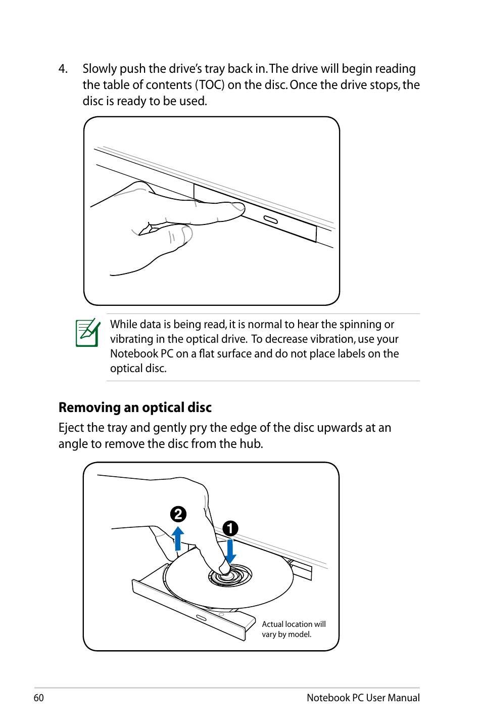 Removing an optical disc | Asus Pro45VJ User Manual | Page 60 / 106