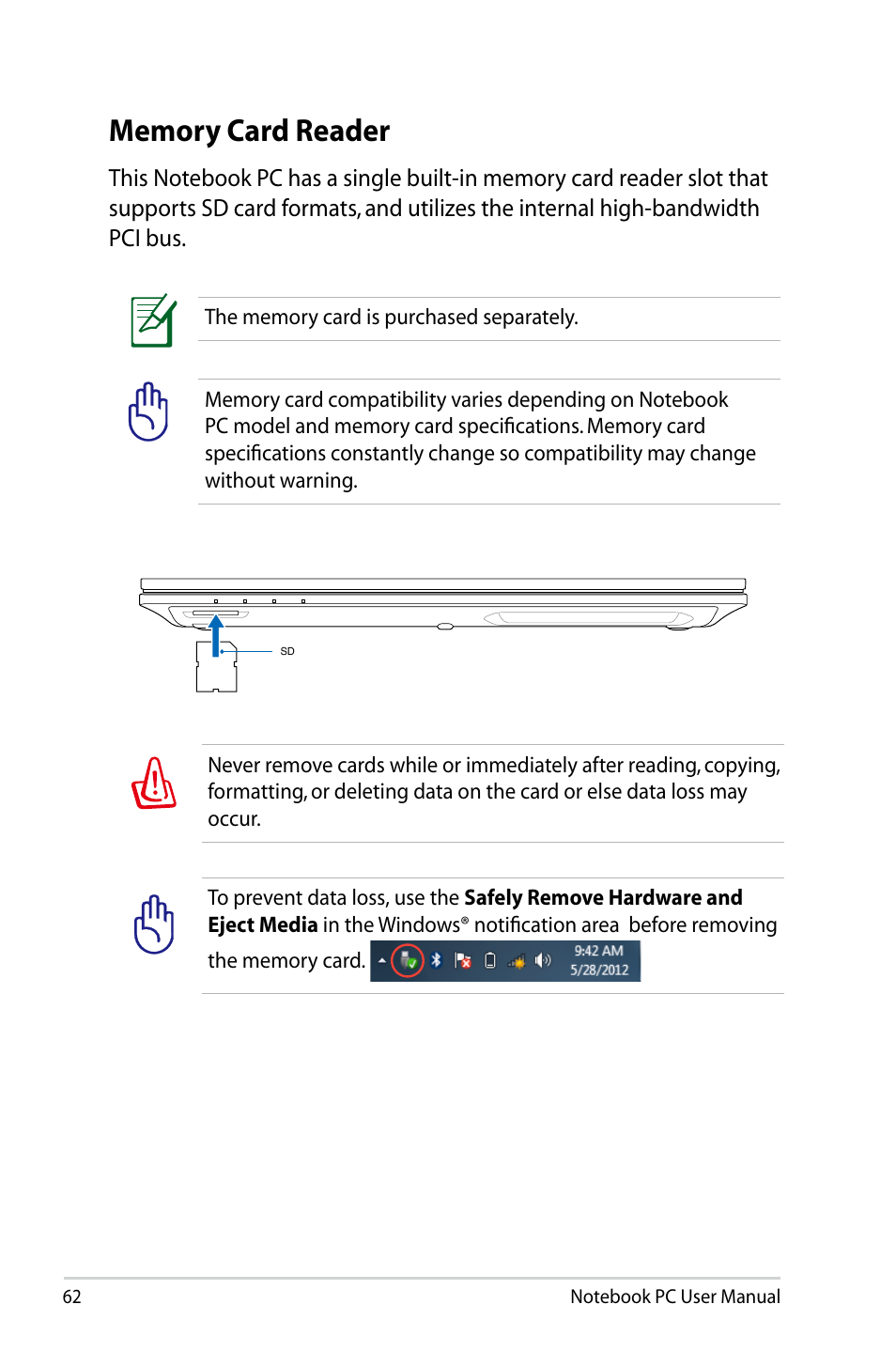 Memory card reader | Asus Pro45VJ User Manual | Page 62 / 106