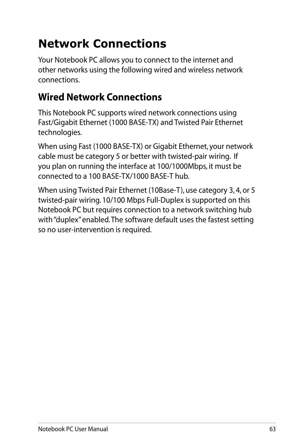 Network connections, Wired network connections | Asus Pro45VJ User Manual | Page 63 / 106