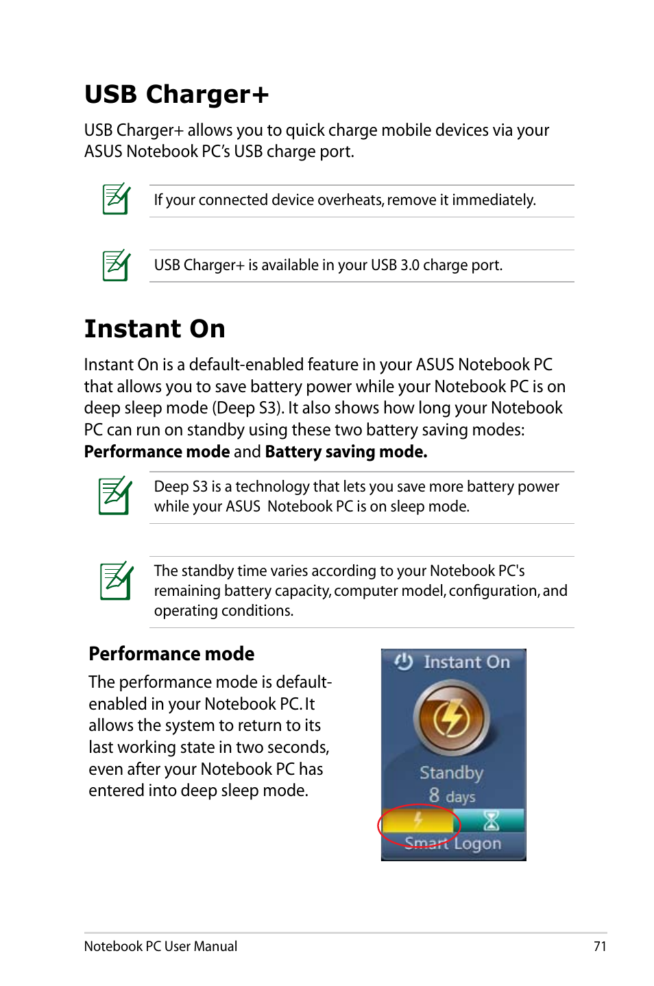 Usb charger, Instant on, Usb charger+ instant on | Performance mode | Asus Pro45VJ User Manual | Page 71 / 106