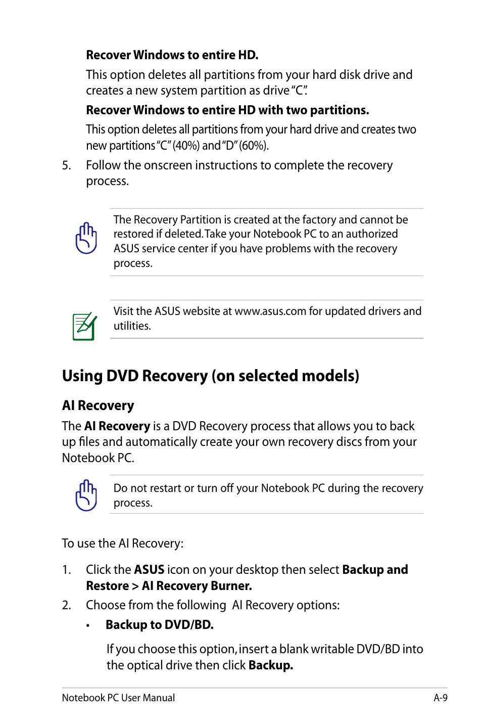 Using dvd recovery (on selected models) | Asus Pro45VJ User Manual | Page 81 / 106