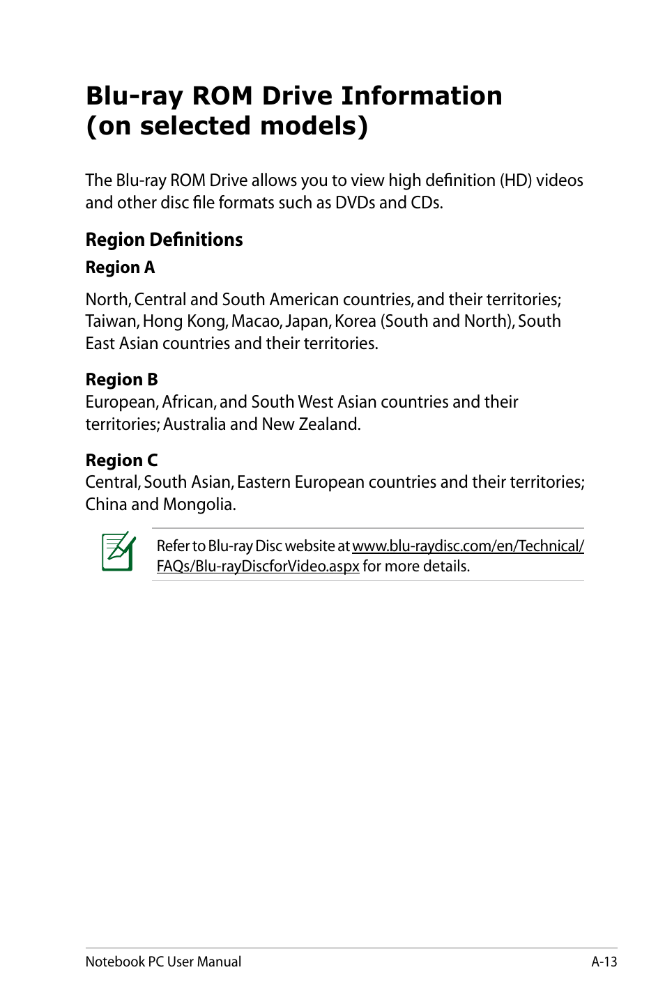 Blu-ray rom drive information (on selected models) | Asus Pro45VJ User Manual | Page 85 / 106