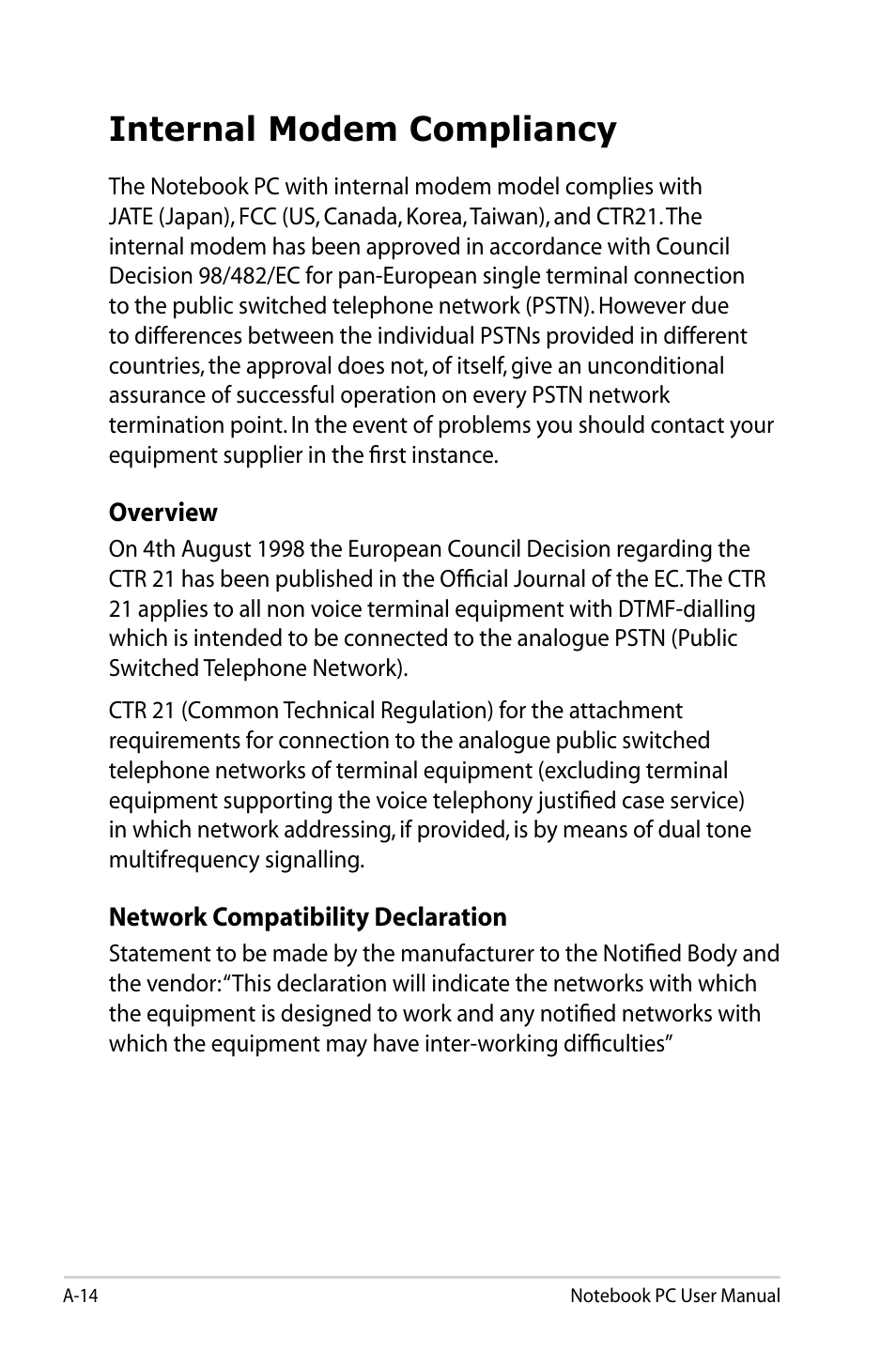 Internal modem compliancy | Asus Pro45VJ User Manual | Page 86 / 106