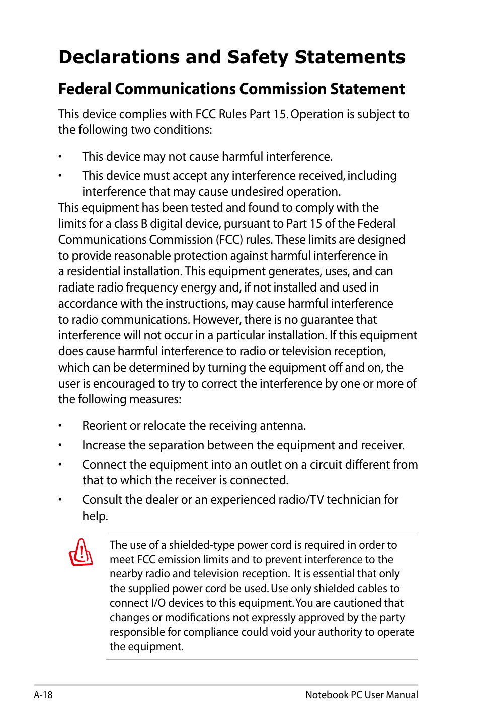 Declarations and safety statements, Federal communications commission statement | Asus Pro45VJ User Manual | Page 90 / 106