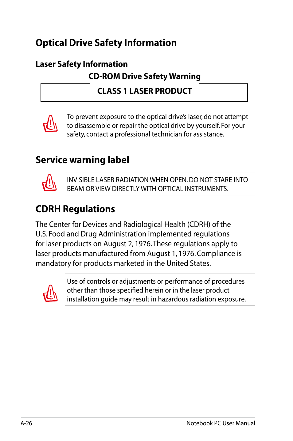 Service warning label, Cdrh regulations, Optical drive safety information | Asus Pro45VJ User Manual | Page 98 / 106