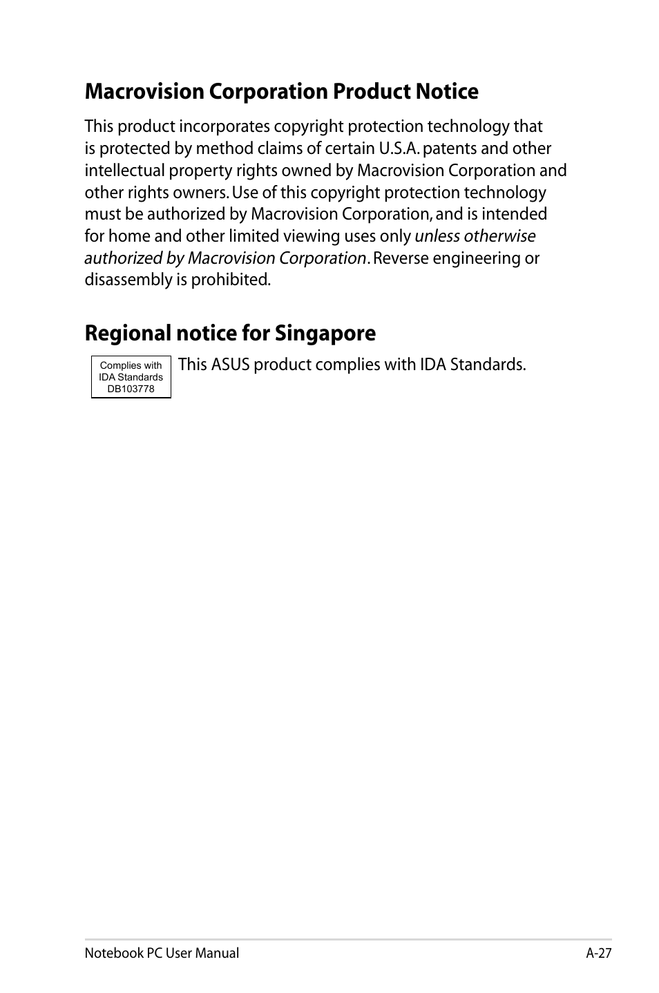 Macrovision corporation product notice, Regional notice for singapore | Asus Pro45VJ User Manual | Page 99 / 106