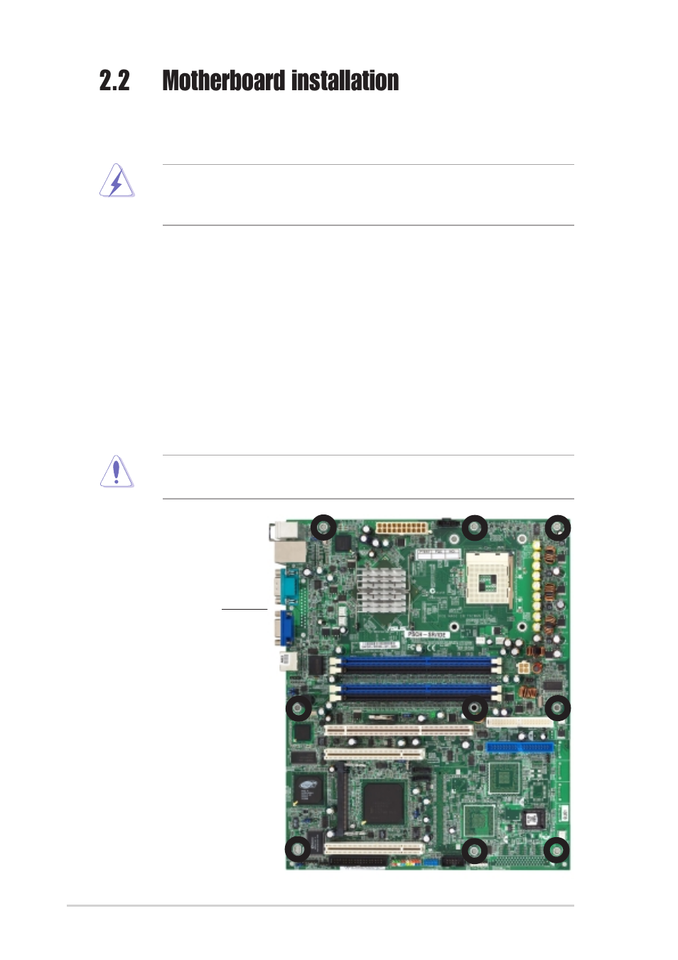 2 motherboard installation, 1 placement direction, 2 screw holes | Asus PSCH-SR/SCSI User Manual | Page 20 / 102