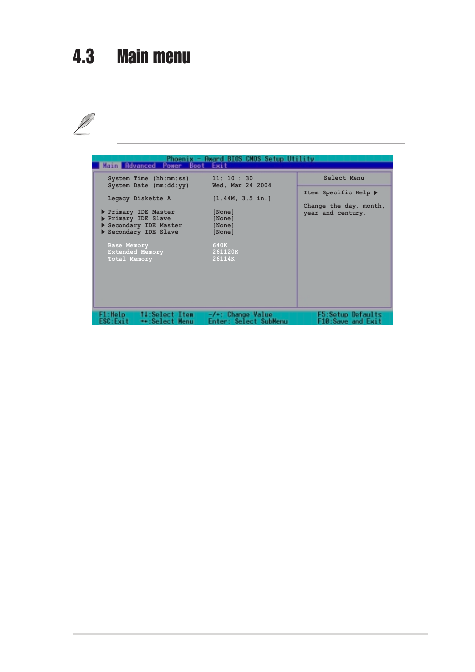 3 main menu, System time (hh:mm:ss), System date (mm:dd:yy) | Asus psch-sr motherboard 4-9 | Asus PSCH-SR/SCSI User Manual | Page 65 / 102