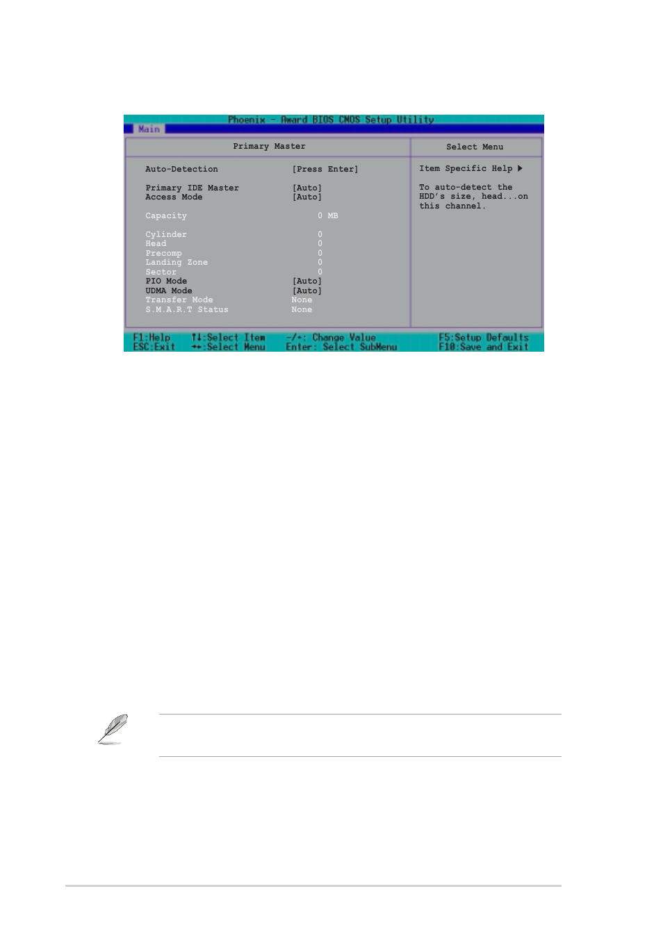 1 primary ide master, Auto-detection [press enter, Primary ide master [auto | Access mode [auto, 10 chapter 4: bios setup | Asus PSCH-SR/SCSI User Manual | Page 66 / 102