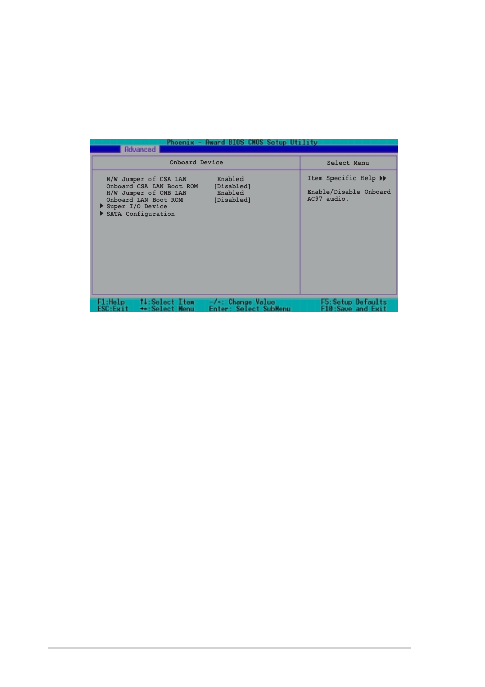 5 onboard device, H/w jumper of csa lan [enabled, Onboard csa lan boot rom [disabled | H/w jumper of onb lan [enabled, Onboard lan boot rom [disabled, 20 chapter 4: bios setup | Asus PSCH-SR/SCSI User Manual | Page 76 / 102