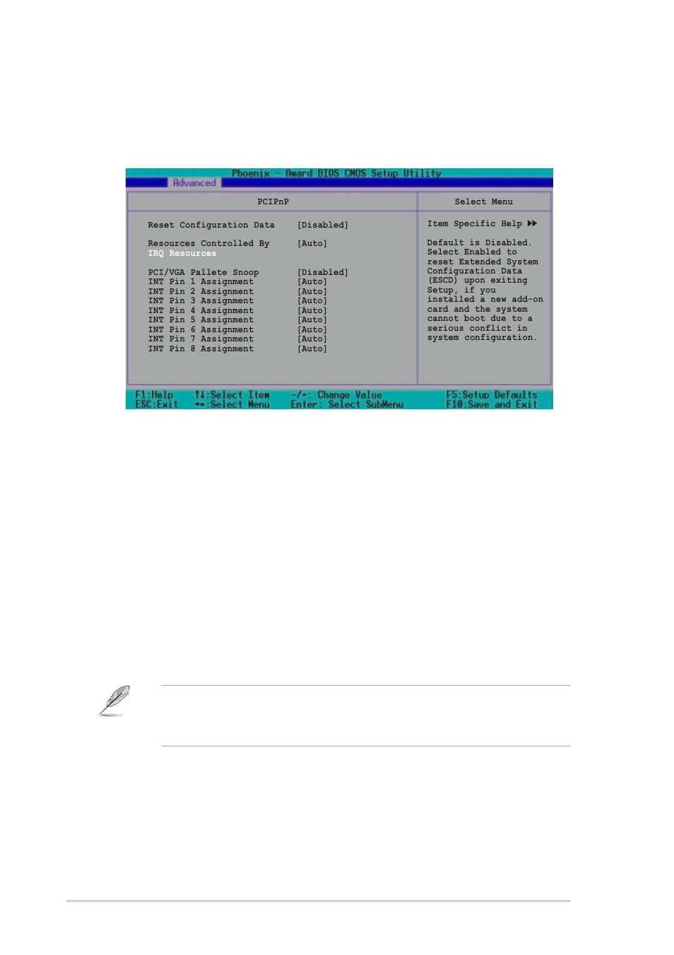 6 pcipnp, Reset configuration data [disabled, Resources controlled by [auto | Pci/vga pallete snoop [disabled, 24 chapter 4: bios setup | Asus PSCH-SR/SCSI User Manual | Page 80 / 102
