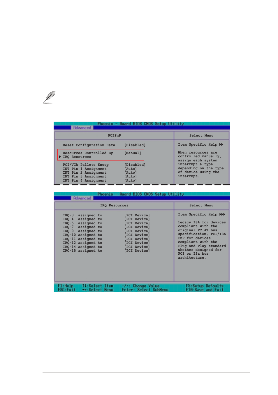 Int pin 1~8 assignment [auto, Irq resources, Irq-xx assigned to [pci device | Asus psch-sr motherboard 4-25 | Asus PSCH-SR/SCSI User Manual | Page 81 / 102