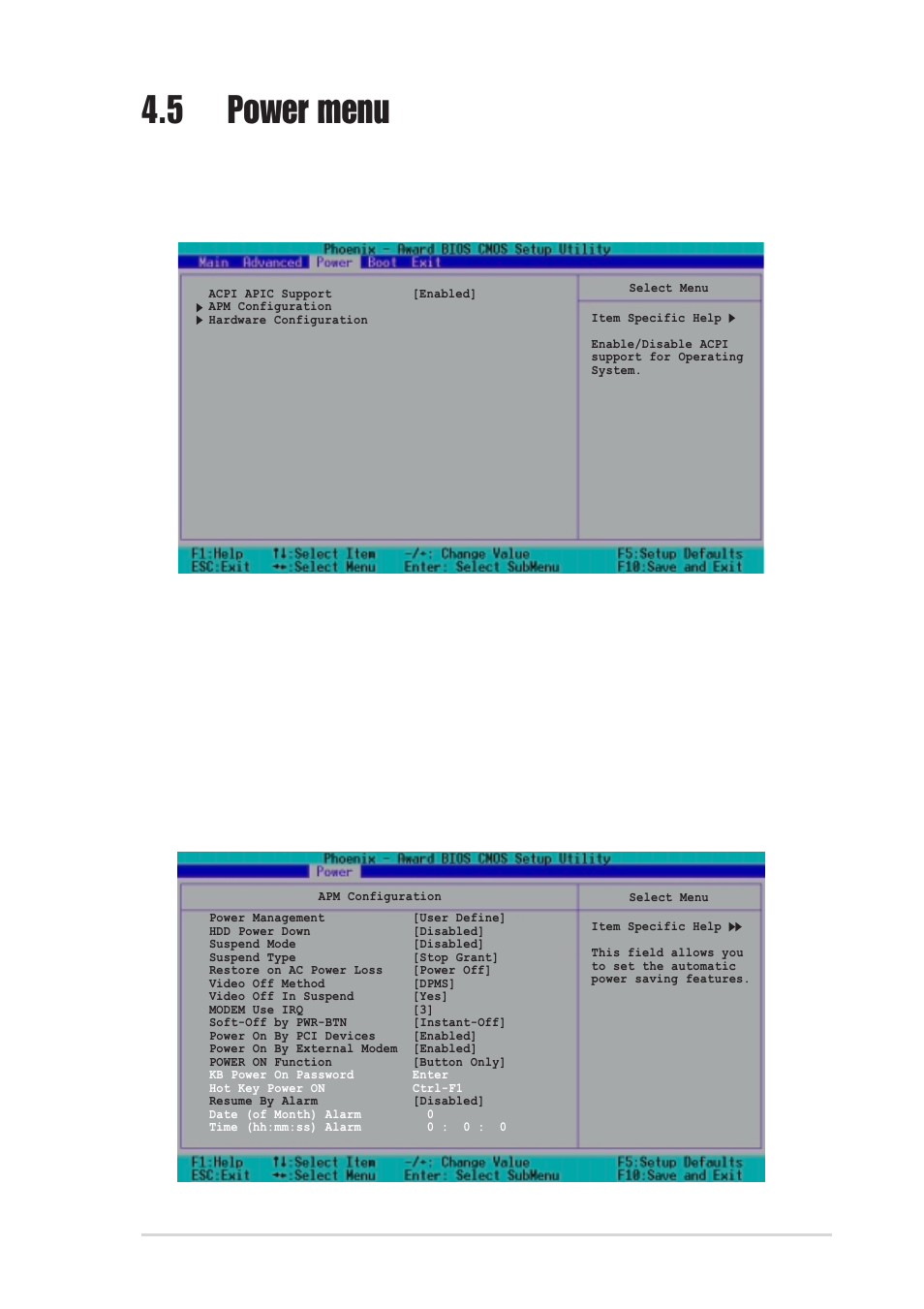 5 power menu, 1 apm configuration, Acpi apic support [enabled | Asus psch-sr motherboard 4-27 | Asus PSCH-SR/SCSI User Manual | Page 83 / 102