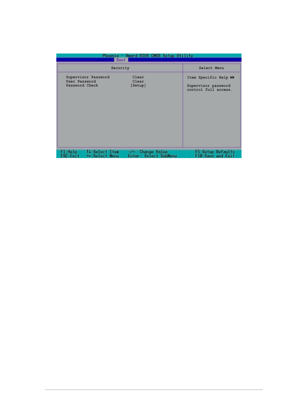 6 security, Supervisor password [enter] user password [enter | Asus PSCH-SR/SCSI User Manual | Page 93 / 102