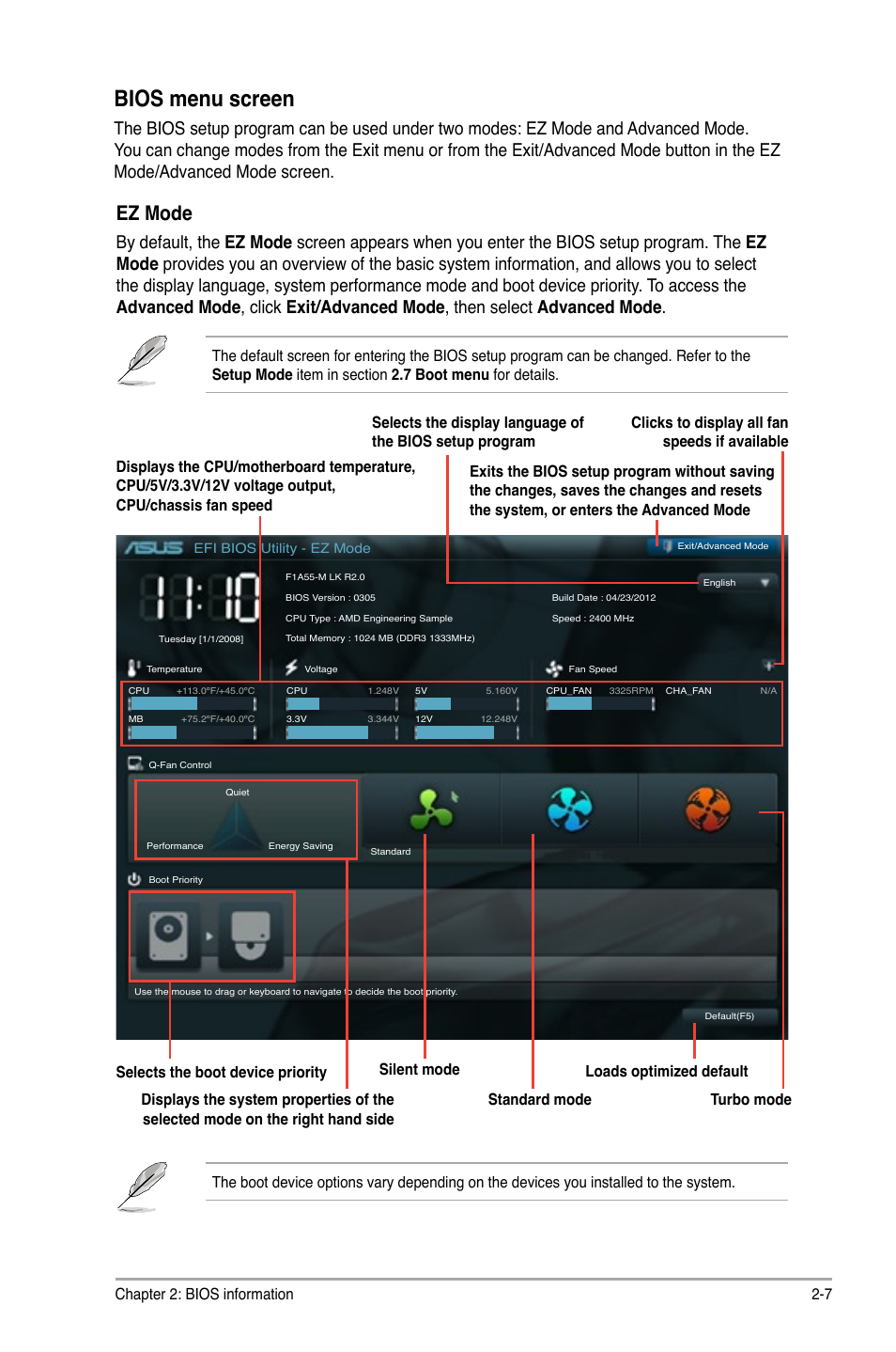 Bios menu screen, Ez mode, Chapter 2: bios information 2-7 | Asus F1A55-M LK R2.0 User Manual | Page 45 / 68