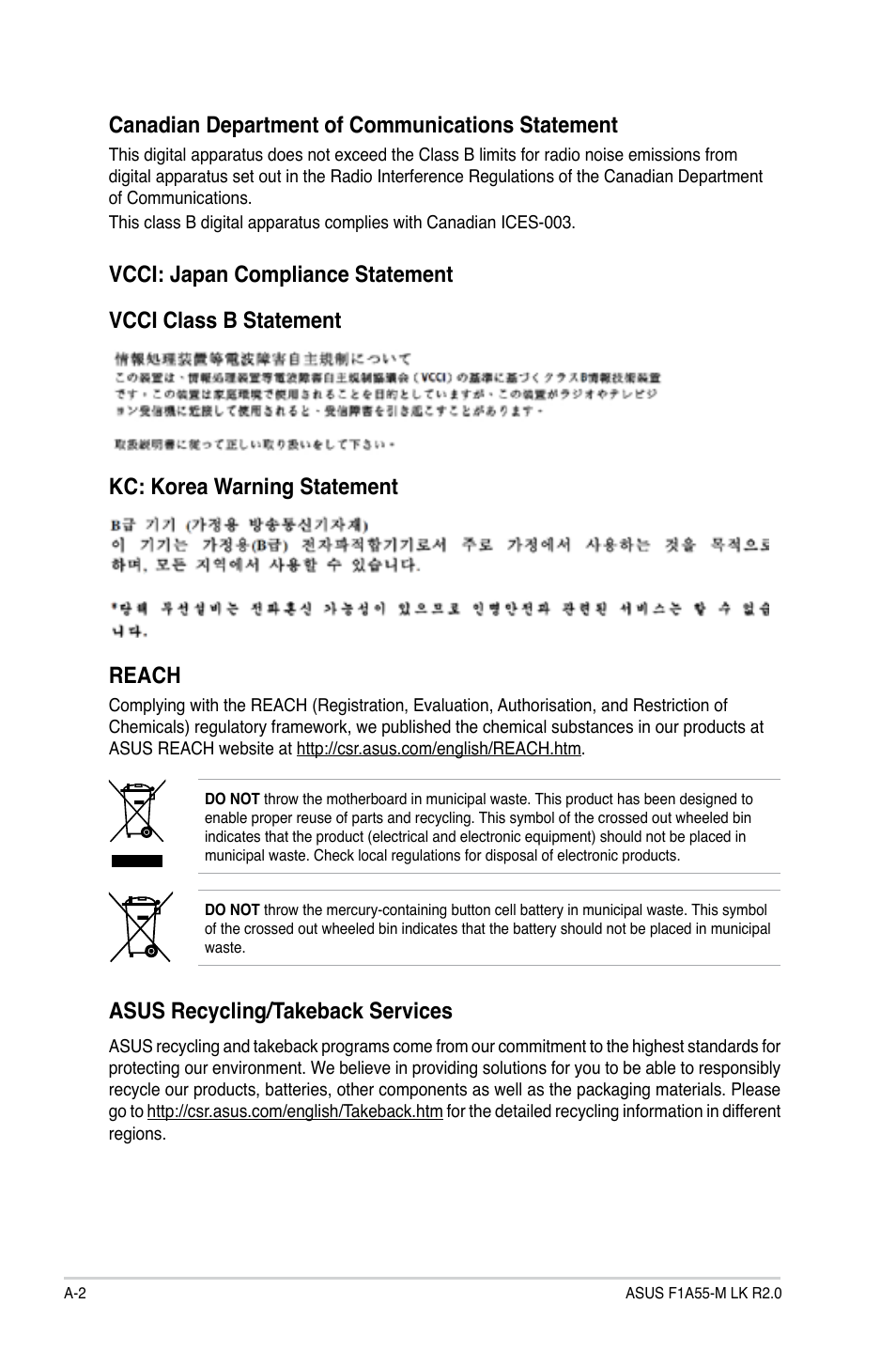 Reach, Asus recycling/takeback services | Asus F1A55-M LK R2.0 User Manual | Page 66 / 68