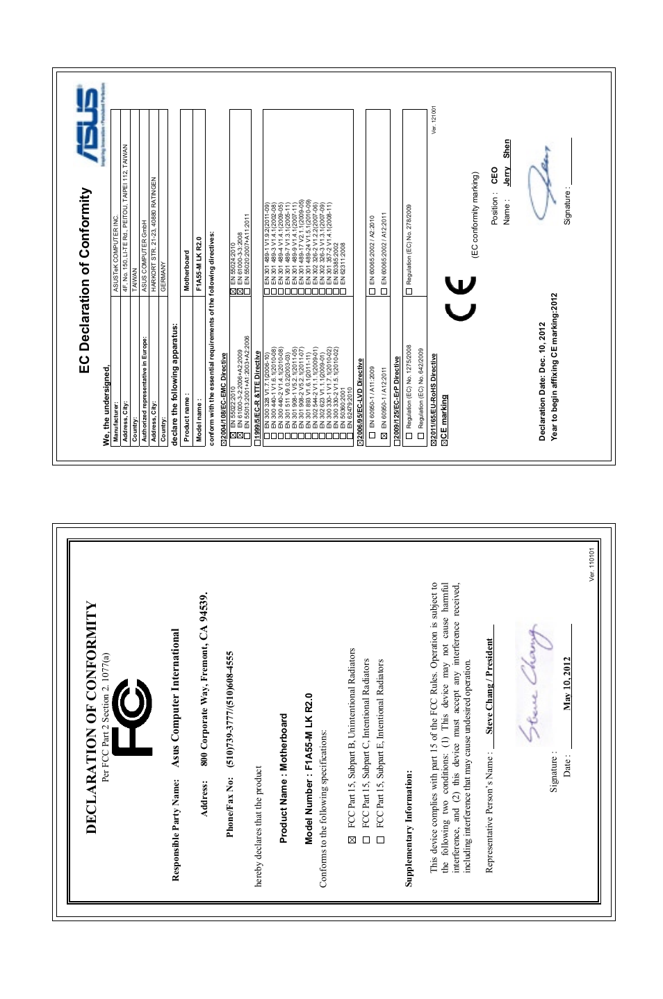 Declaration of conformity, Ec declaration of conformity, Asu s c om pu te r in te rn at io na l | Asus F1A55-M LK R2.0 User Manual | Page 68 / 68