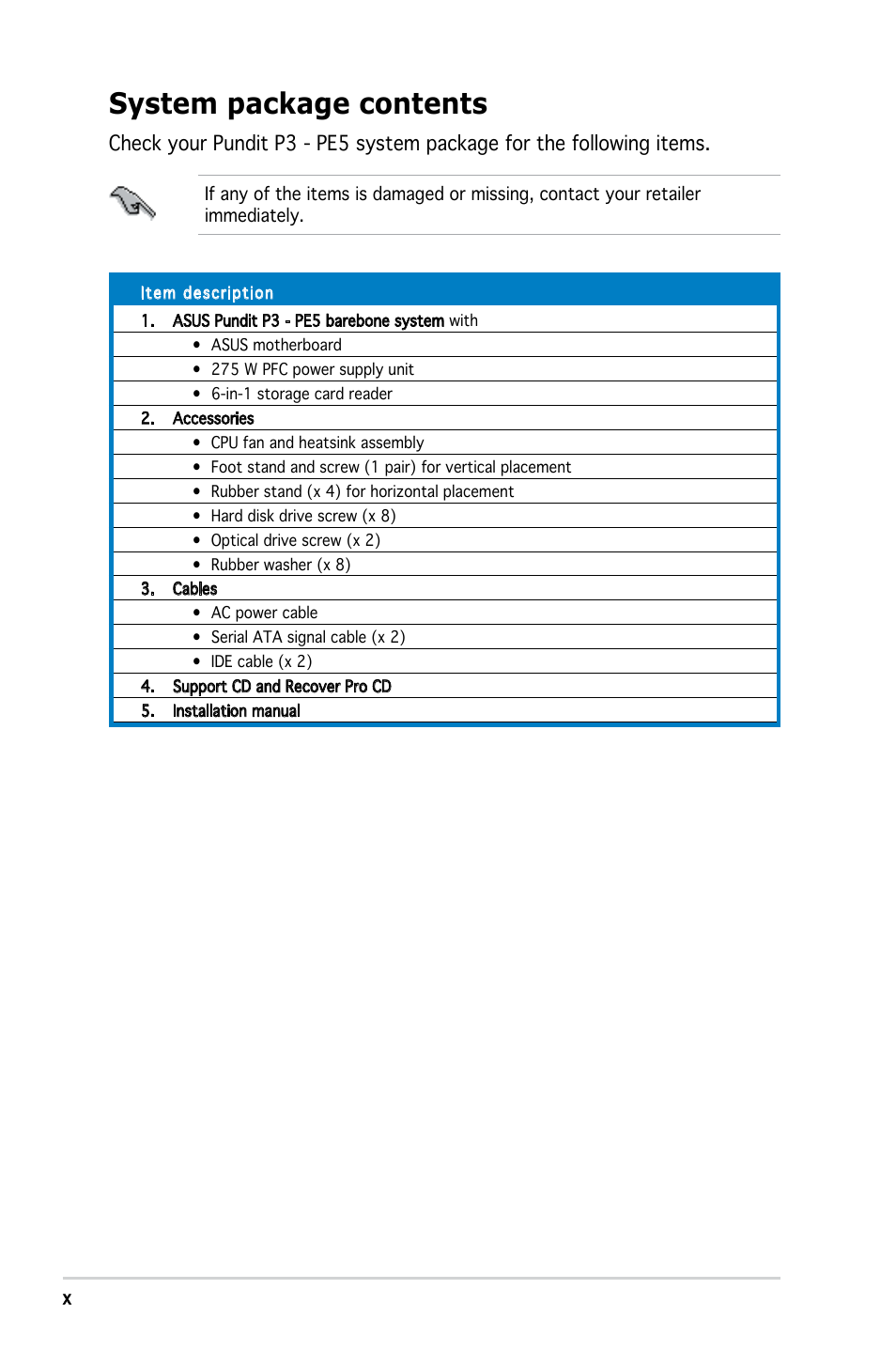 System package contents | Asus P3-PE5 User Manual | Page 10 / 95