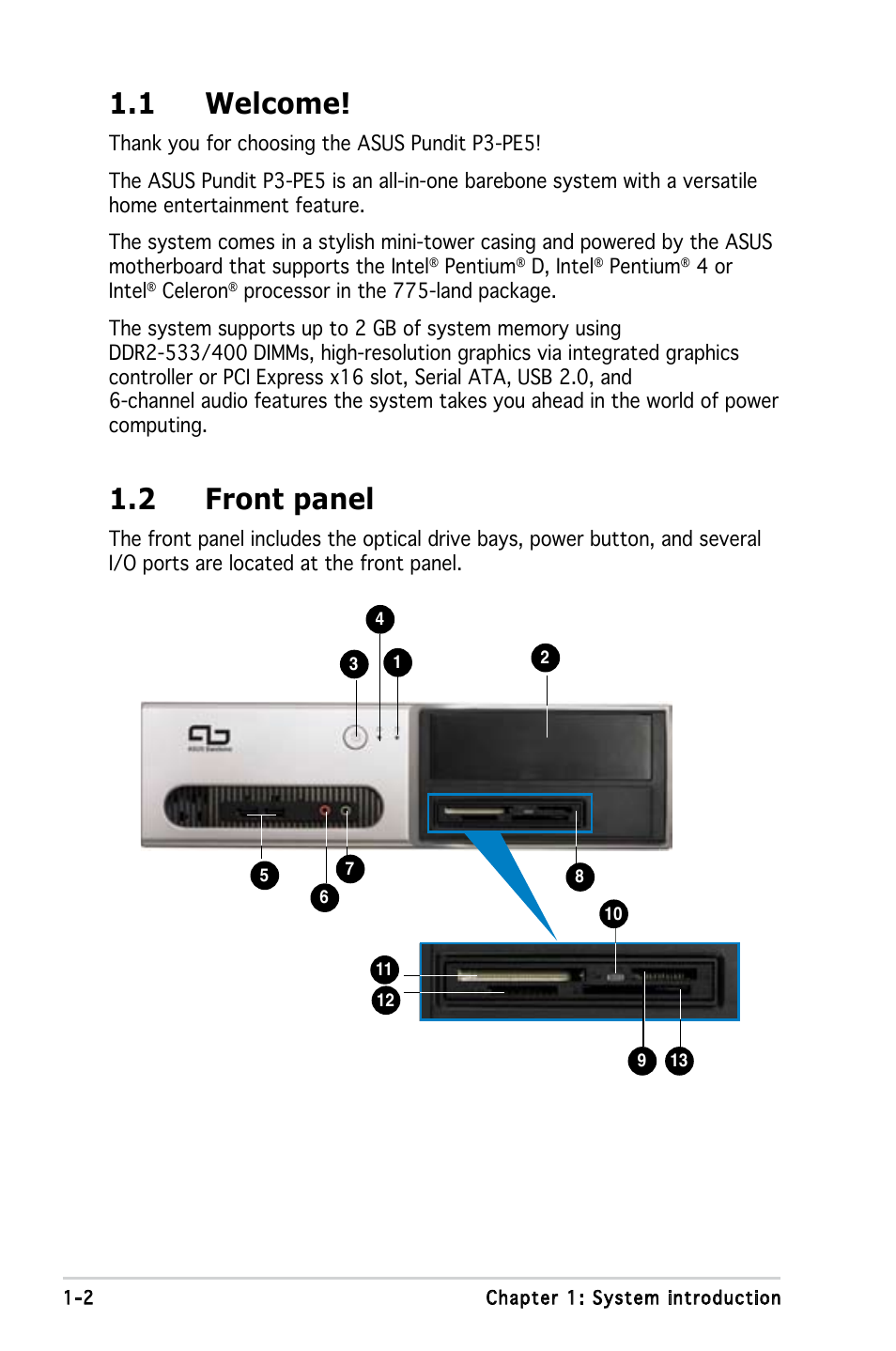 1 welcome, 2 front panel | Asus P3-PE5 User Manual | Page 12 / 95