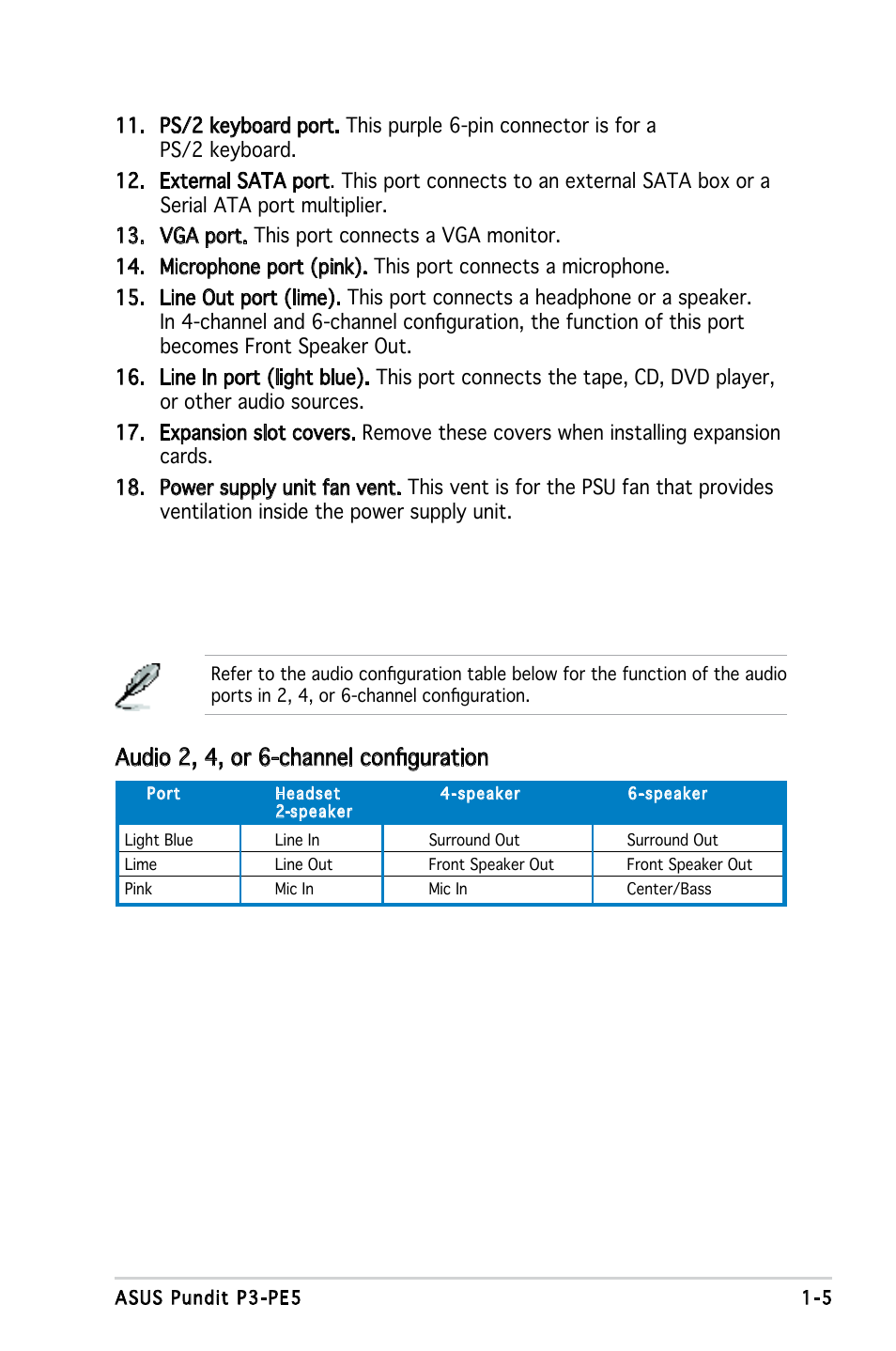 Audio 2, 4, or 6-channel configuration | Asus P3-PE5 User Manual | Page 15 / 95