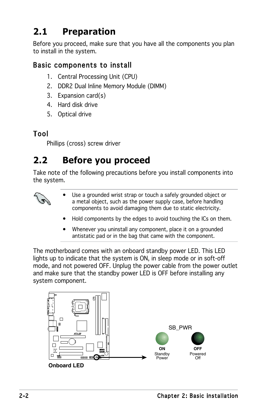 1 preparation, 2 before you proceed, Basic components to install | Tool | Asus P3-PE5 User Manual | Page 18 / 95