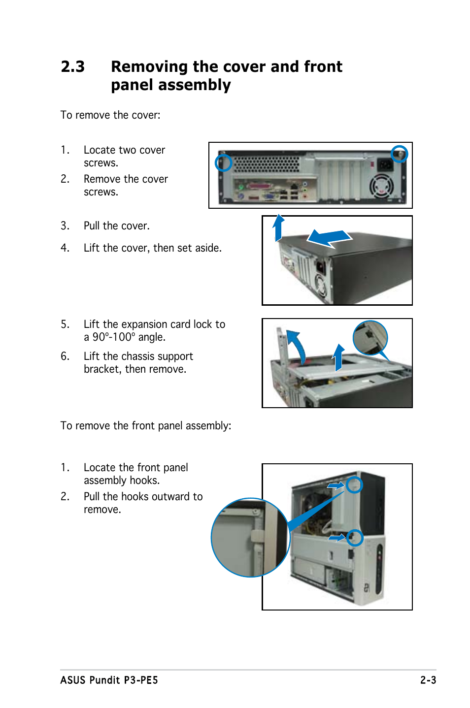 3 removing the cover and front panel assembly | Asus P3-PE5 User Manual | Page 19 / 95