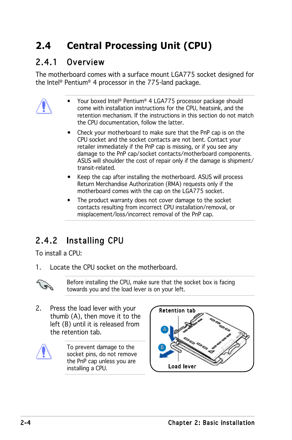 4 central processing unit (cpu), 1 overview, 2 installing cpu | Asus P3-PE5 User Manual | Page 20 / 95