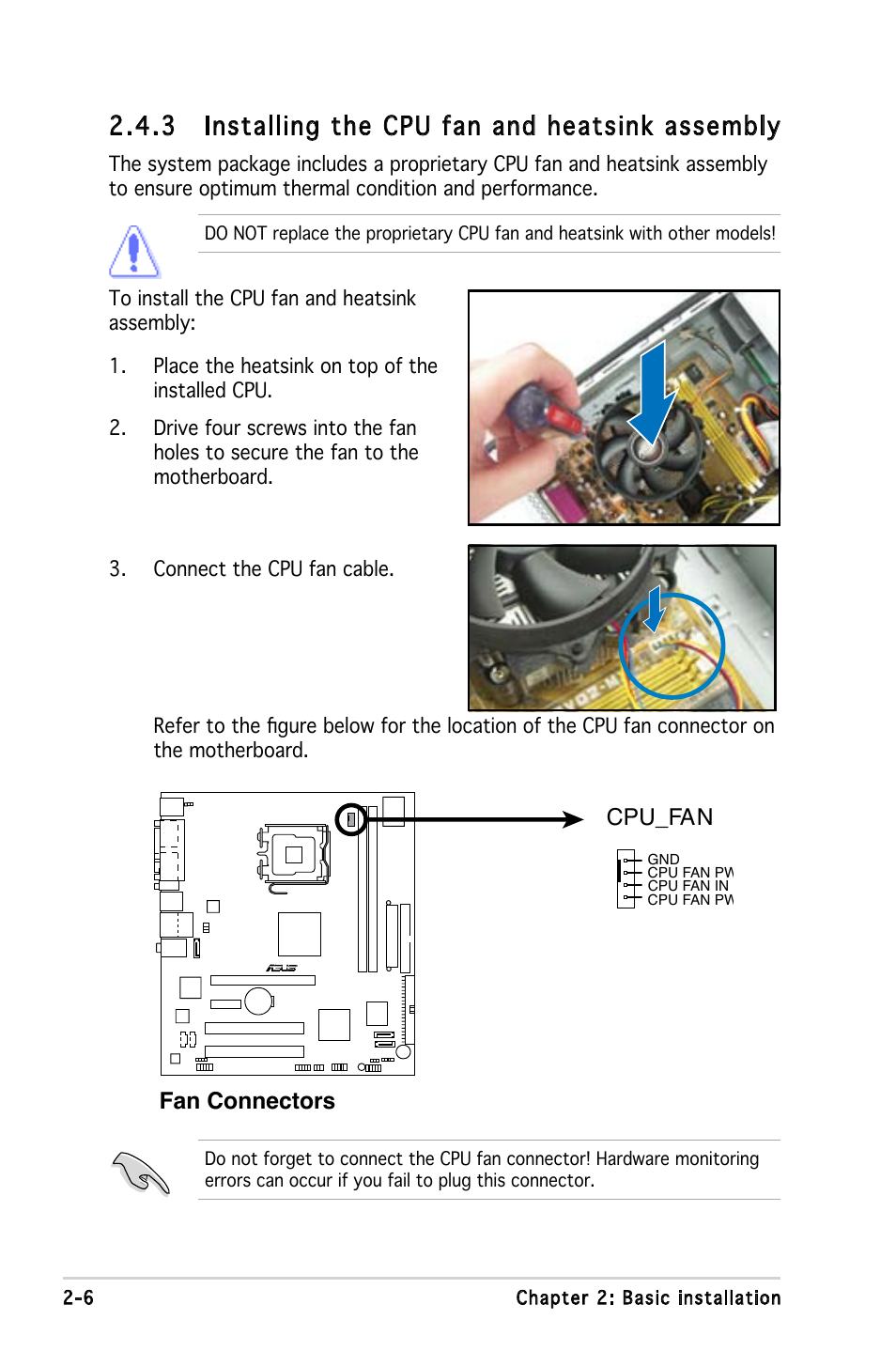 3 installing the cpu fan and heatsink assembly, Fan connectors cpu_fan | Asus P3-PE5 User Manual | Page 22 / 95