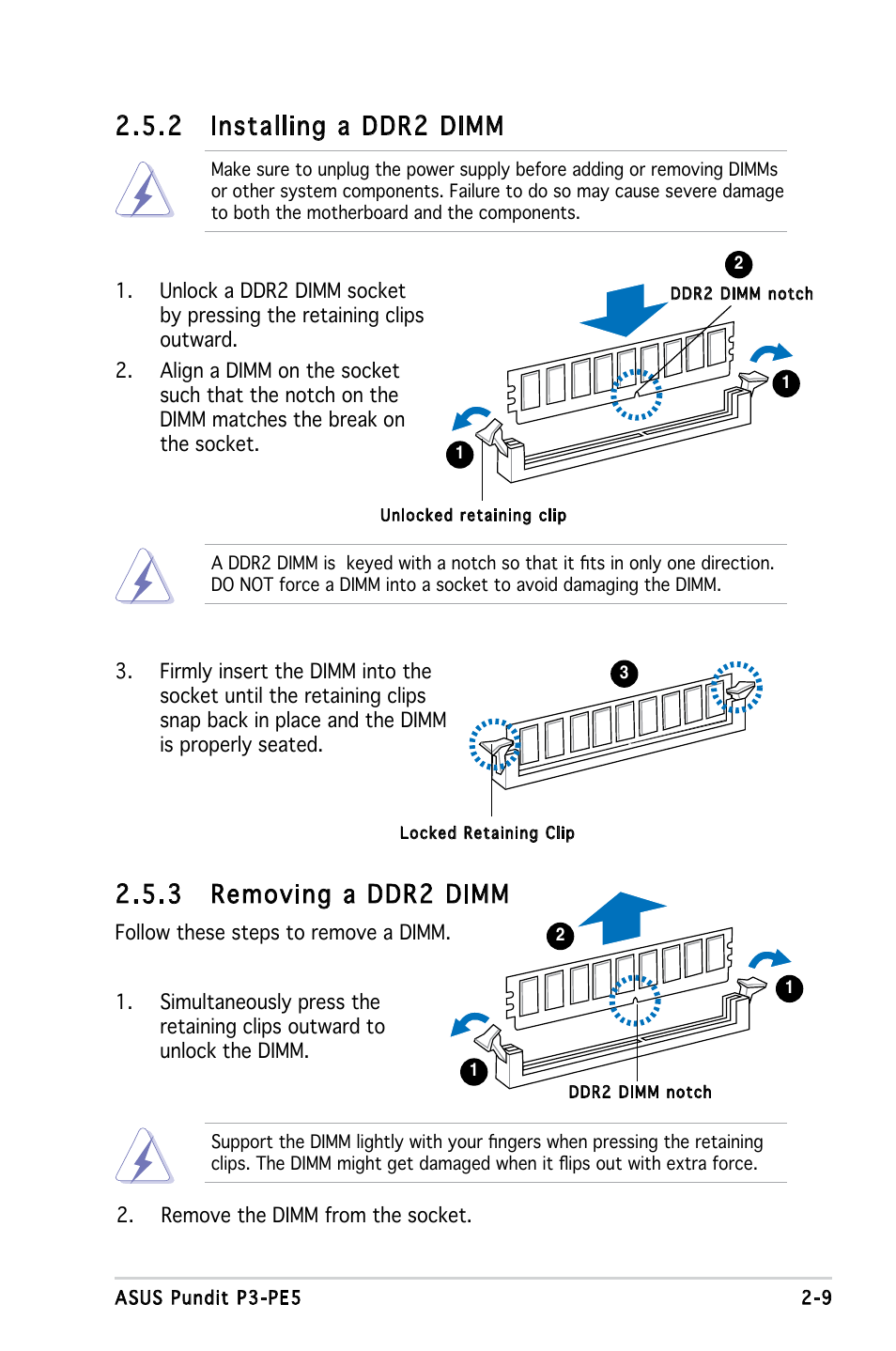 3 removing a ddr2 dimm, 2 installing a ddr2 dimm | Asus P3-PE5 User Manual | Page 25 / 95