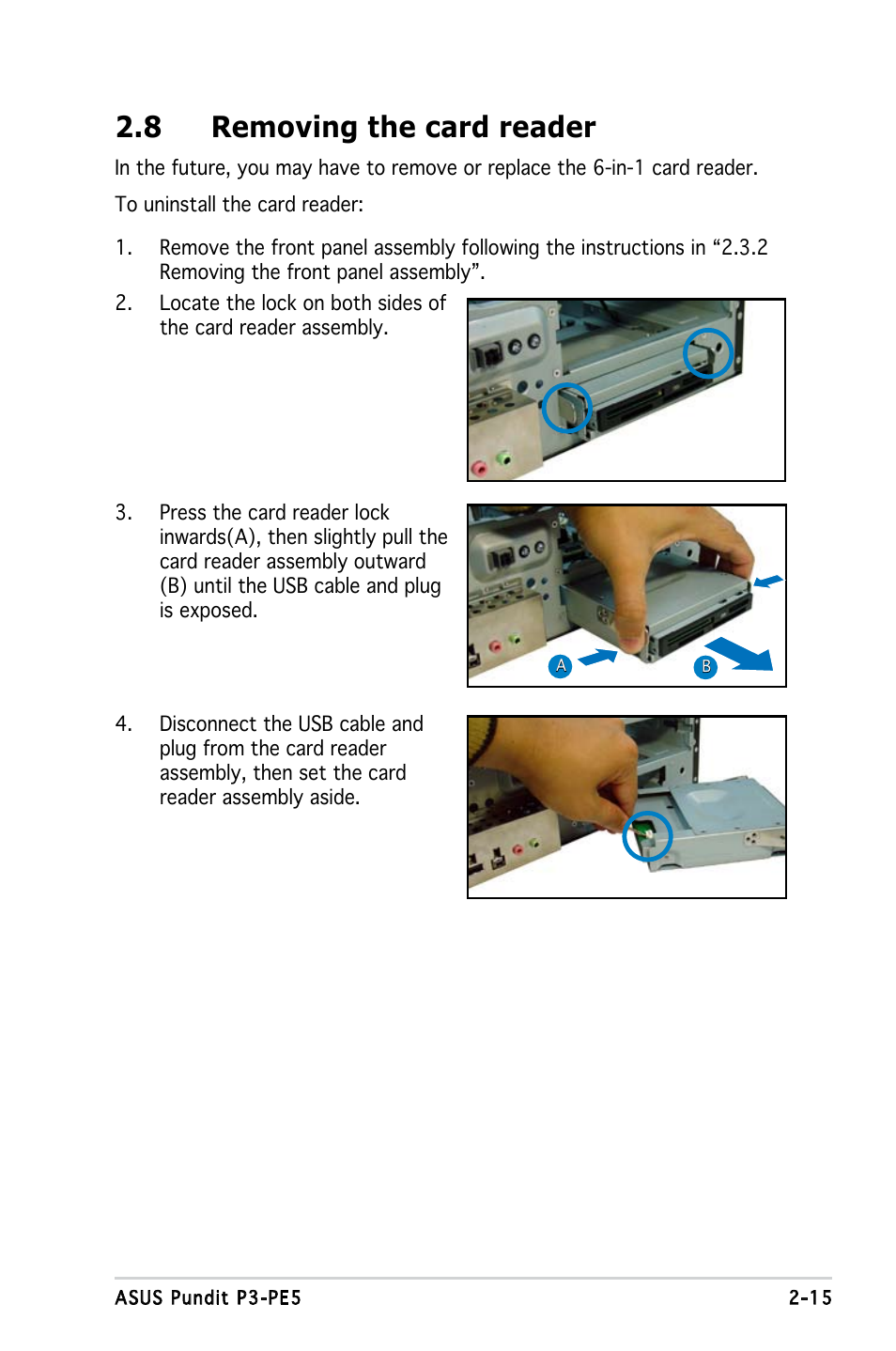 8 removing the card reader | Asus P3-PE5 User Manual | Page 31 / 95