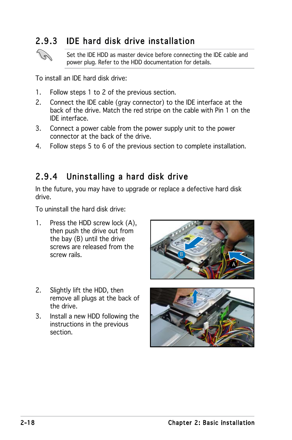 3 ide hard disk drive installation, 4 uninstalling a hard disk drive | Asus P3-PE5 User Manual | Page 34 / 95