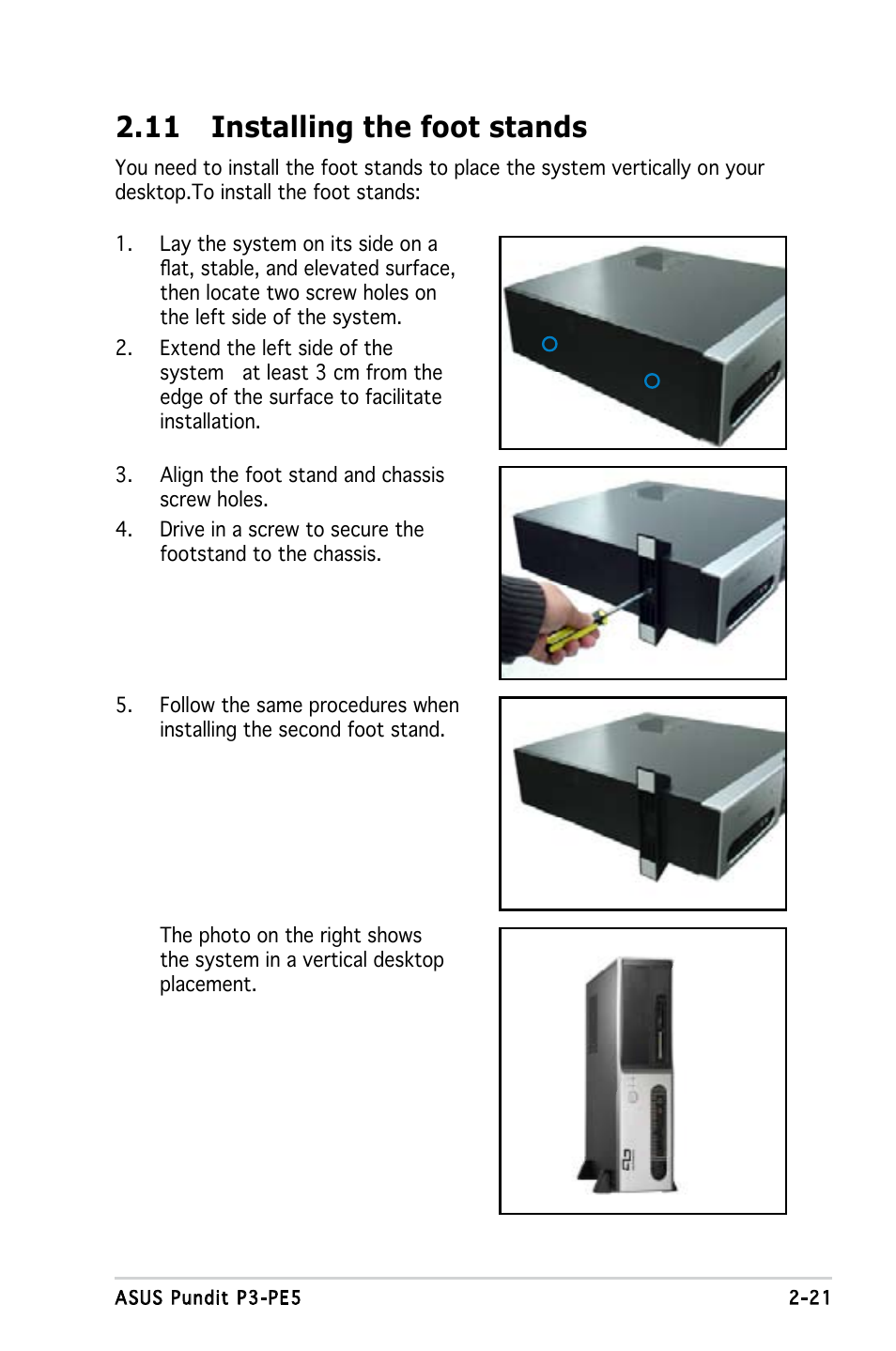 11 installing the foot stands | Asus P3-PE5 User Manual | Page 37 / 95