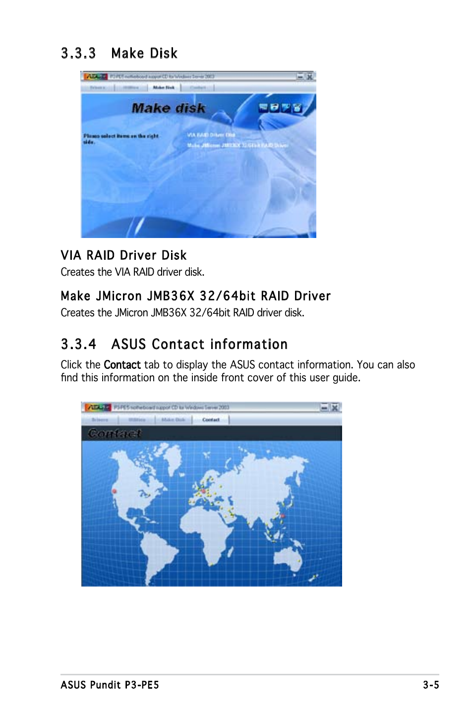 3 make disk, 4 asus contact information | Asus P3-PE5 User Manual | Page 42 / 95