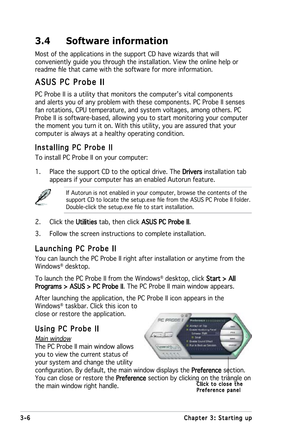 4 software information, Asus pc probe ii | Asus P3-PE5 User Manual | Page 43 / 95