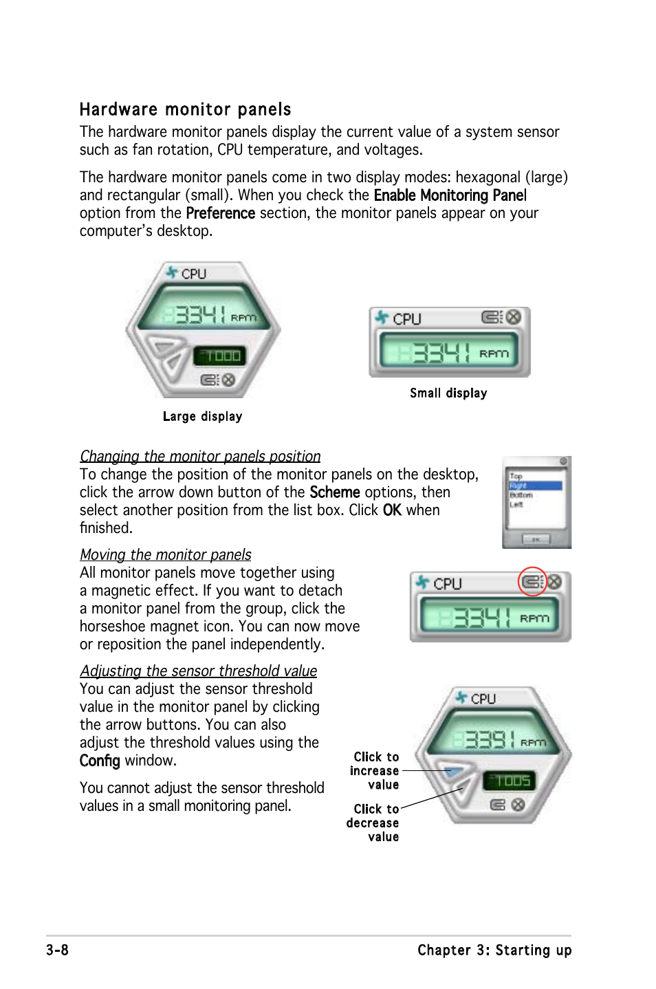 Hardware monitor panels | Asus P3-PE5 User Manual | Page 45 / 95