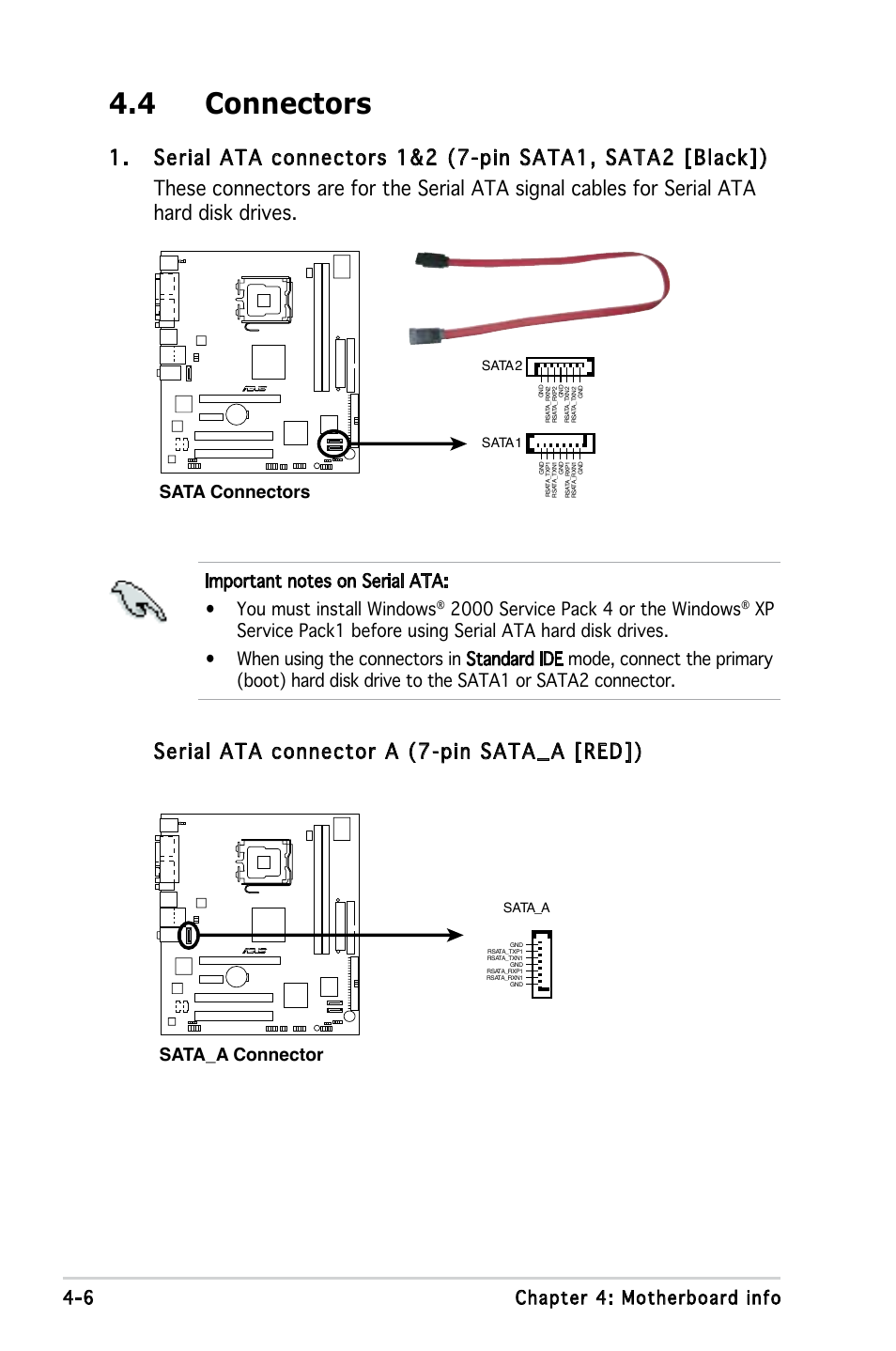 4 connectors, Serial ata connector a (7-pin sata_a [red]), 6 chapter 4: motherboard info | Sata_a connector, Sata connectors, Sata_a, Sata2, Sata1 | Asus P3-PE5 User Manual | Page 54 / 95