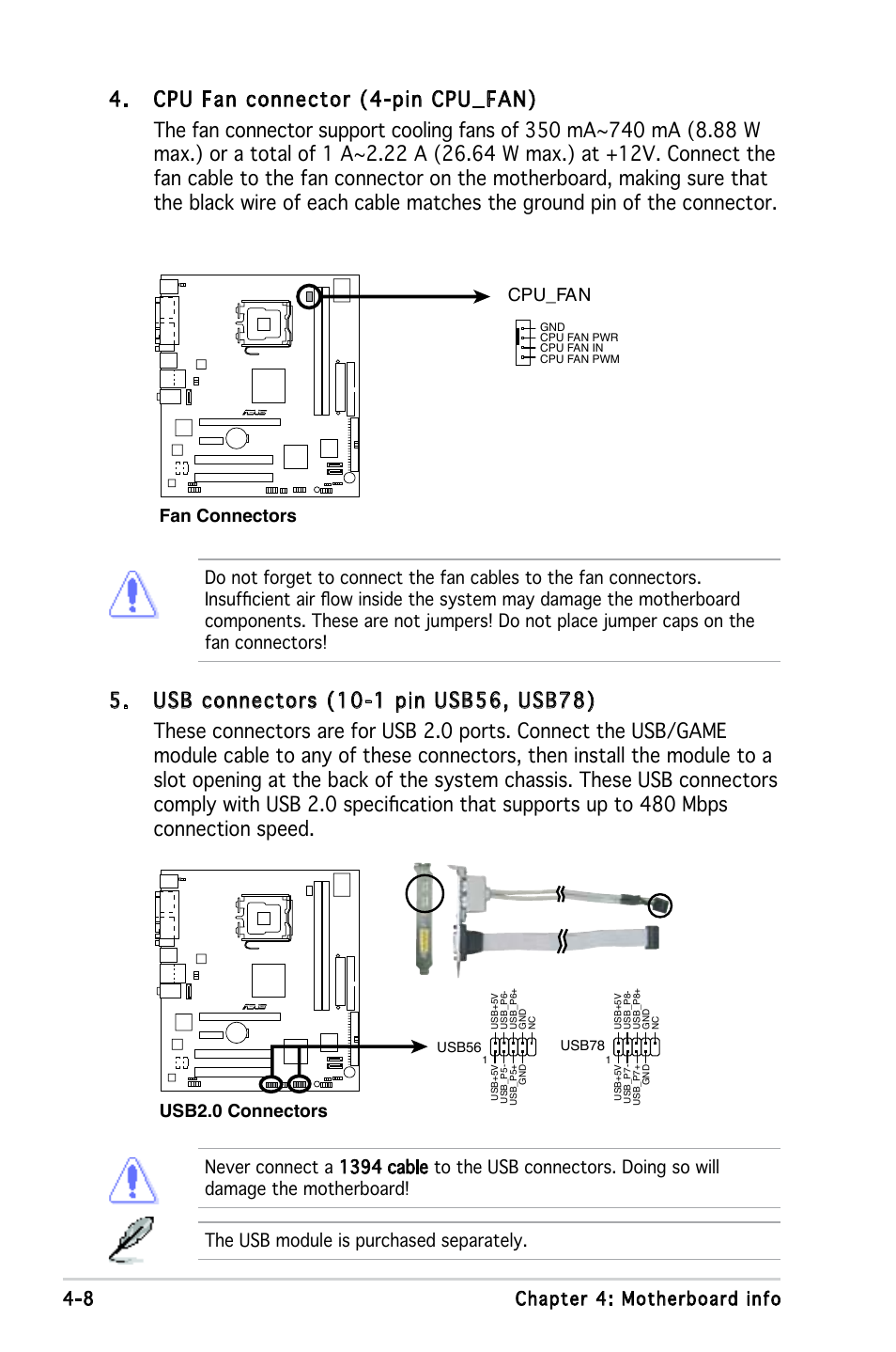 The usb module is purchased separately, Fan connectors cpu_fan, Usb2.0 connectors | Asus P3-PE5 User Manual | Page 56 / 95