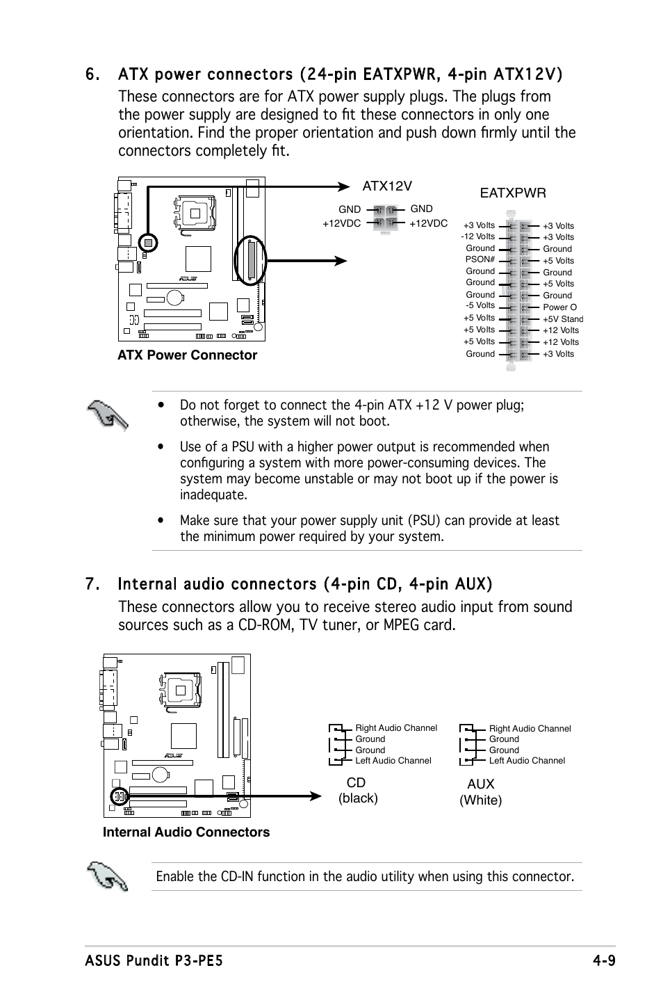 9 asus pundit p3-pe5, Atx power connector, Atx12v eatxpwr | Internal audio connectors aux (white), Cd (black) | Asus P3-PE5 User Manual | Page 57 / 95