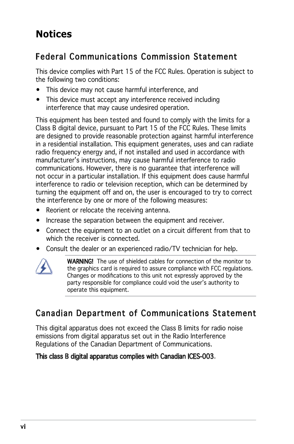 Notices, Federal communications commission statement, Canadian department of communications statement | Asus P3-PE5 User Manual | Page 6 / 95