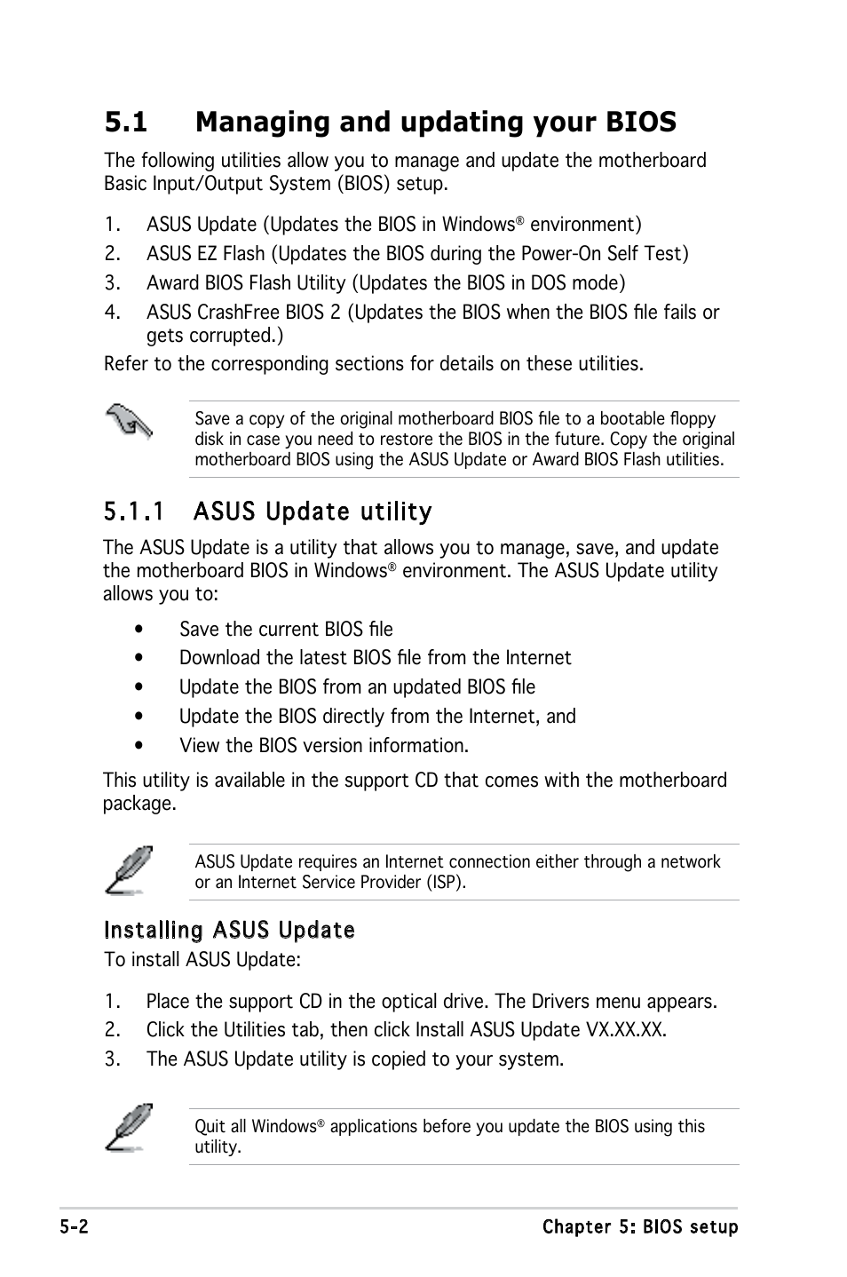 1 managing and updating your bios, 1 asus update utility, Installing asus update | Asus P3-PE5 User Manual | Page 62 / 95