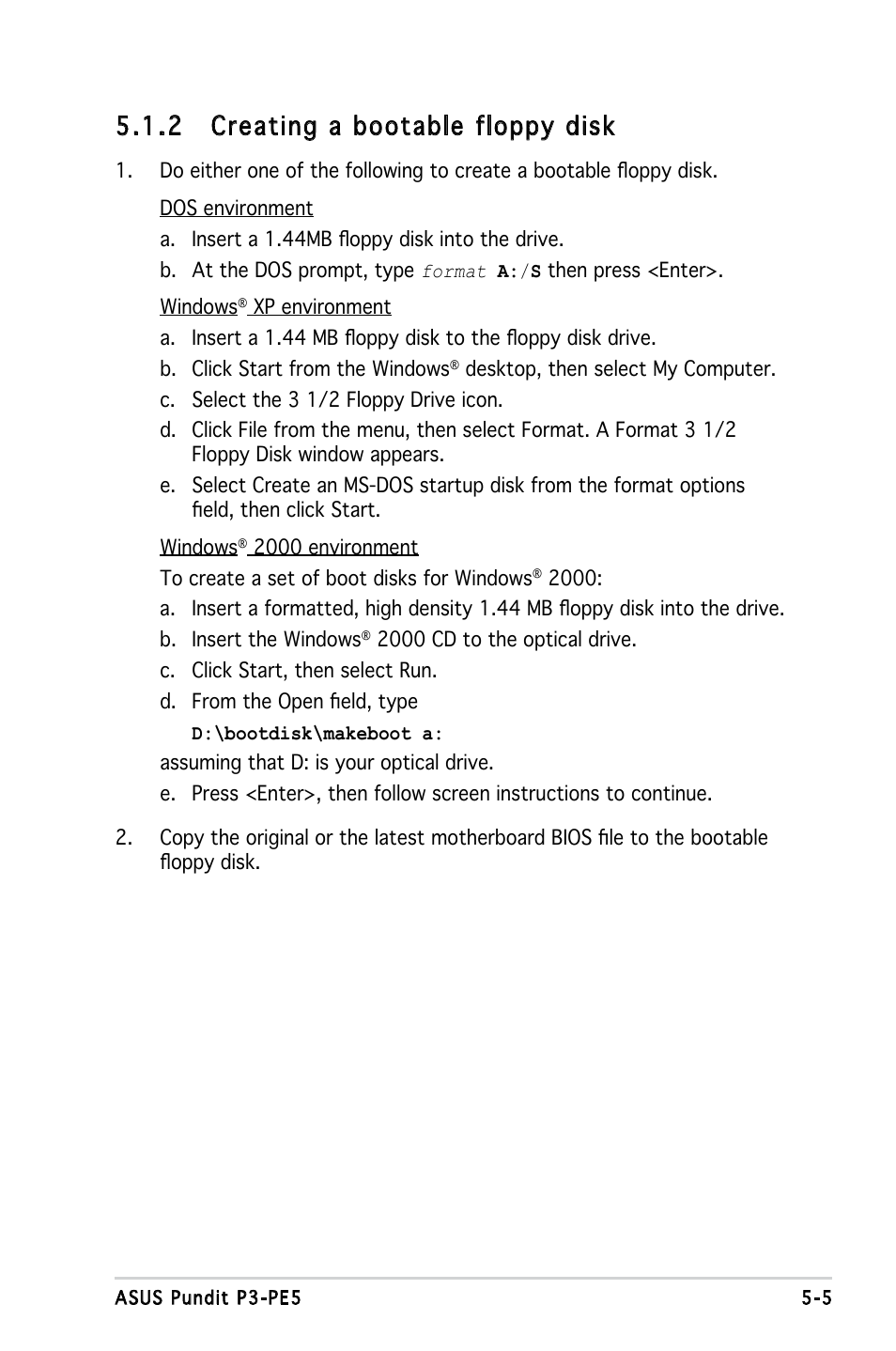 2 creating a bootable floppy disk | Asus P3-PE5 User Manual | Page 65 / 95