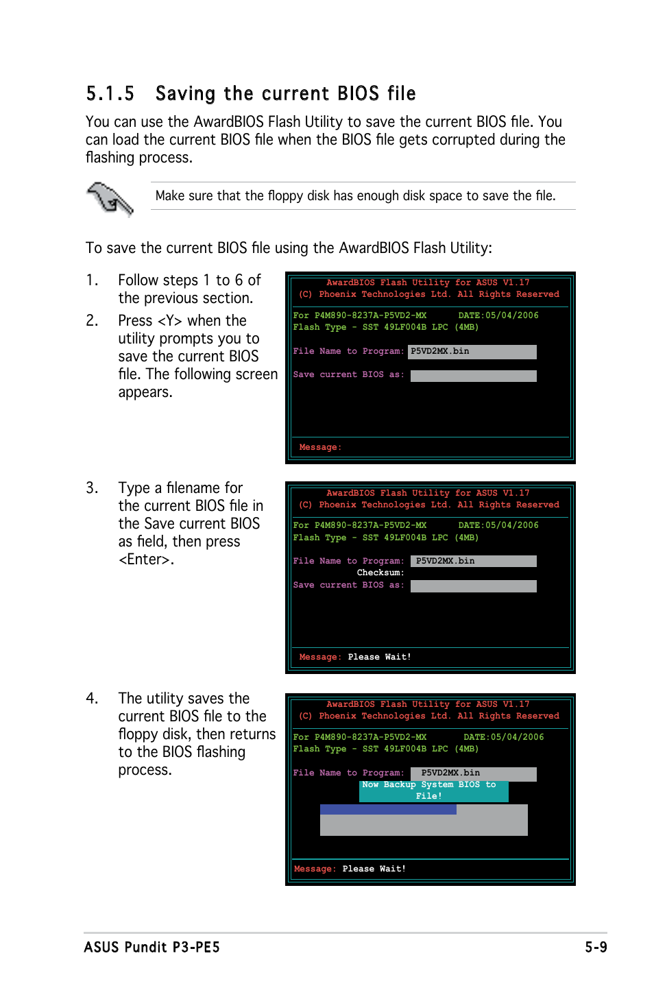 5 saving the current bios file | Asus P3-PE5 User Manual | Page 69 / 95