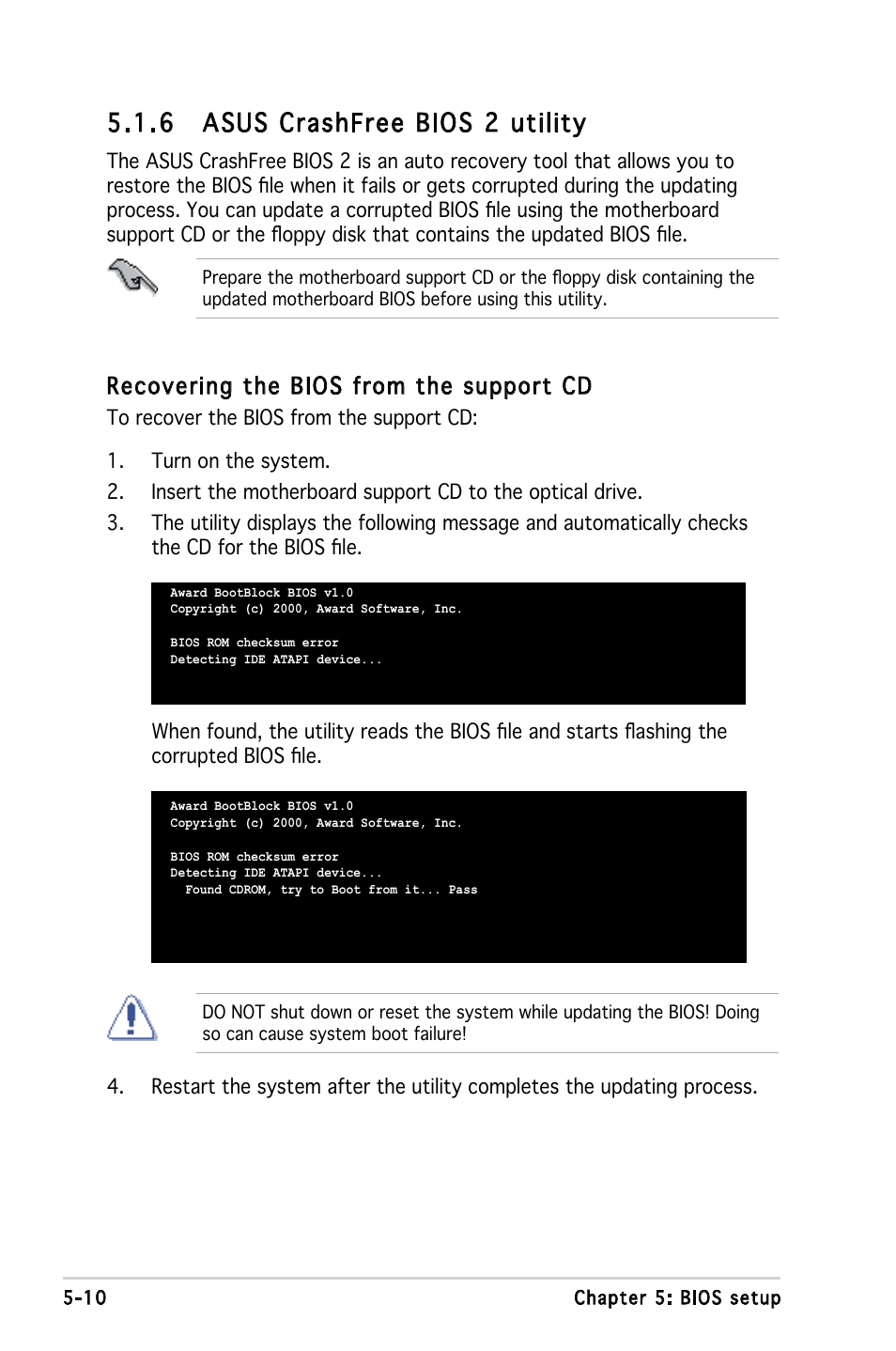 6 asus crashfree bios 2 utility, Recovering the bios from the support cd | Asus P3-PE5 User Manual | Page 70 / 95