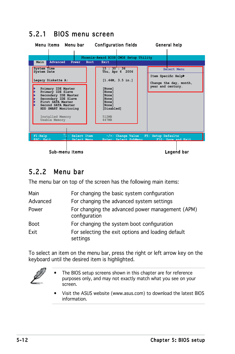 1 bios menu screen, 2 menu bar | Asus P3-PE5 User Manual | Page 72 / 95