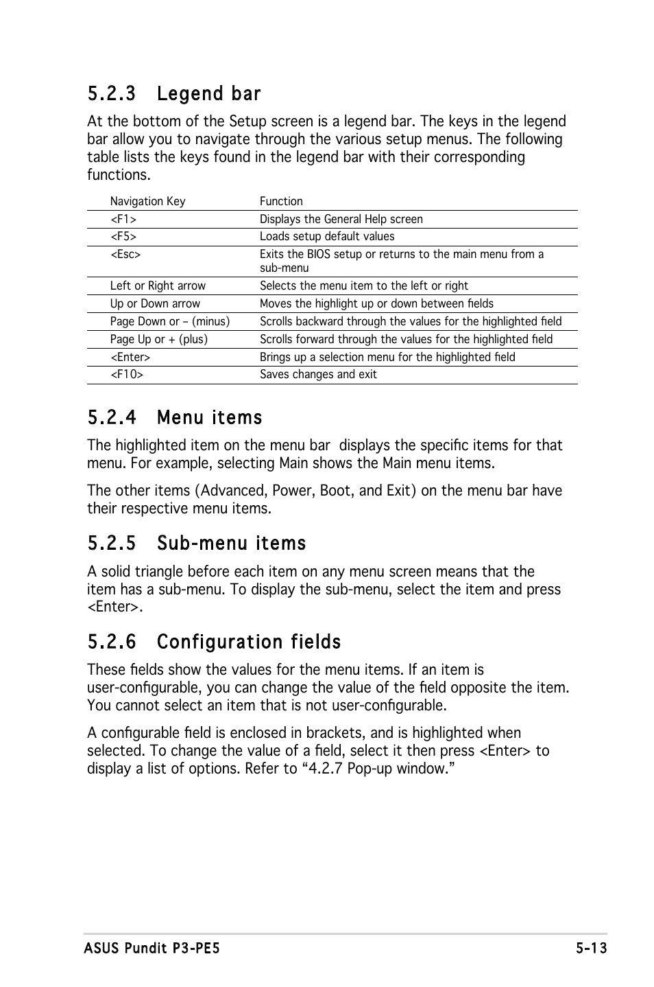 4 menu items, 5 sub-menu items, 6 configuration fields | 3 legend bar | Asus P3-PE5 User Manual | Page 73 / 95