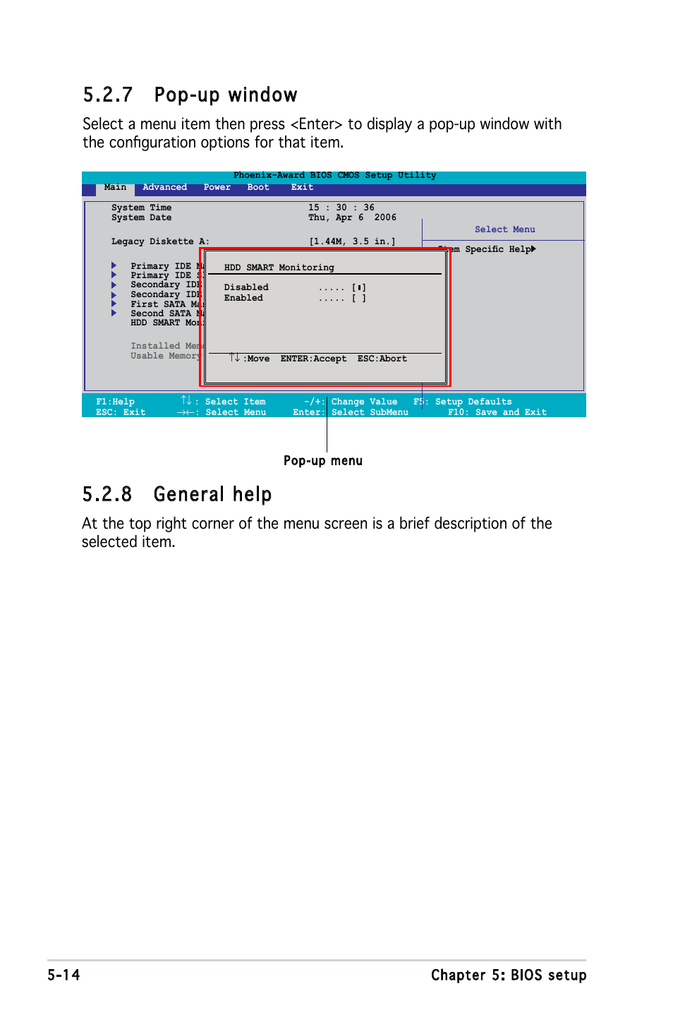 7 pop-up window, 8 general help, 14 chapter 5: bios setup | Asus P3-PE5 User Manual | Page 74 / 95